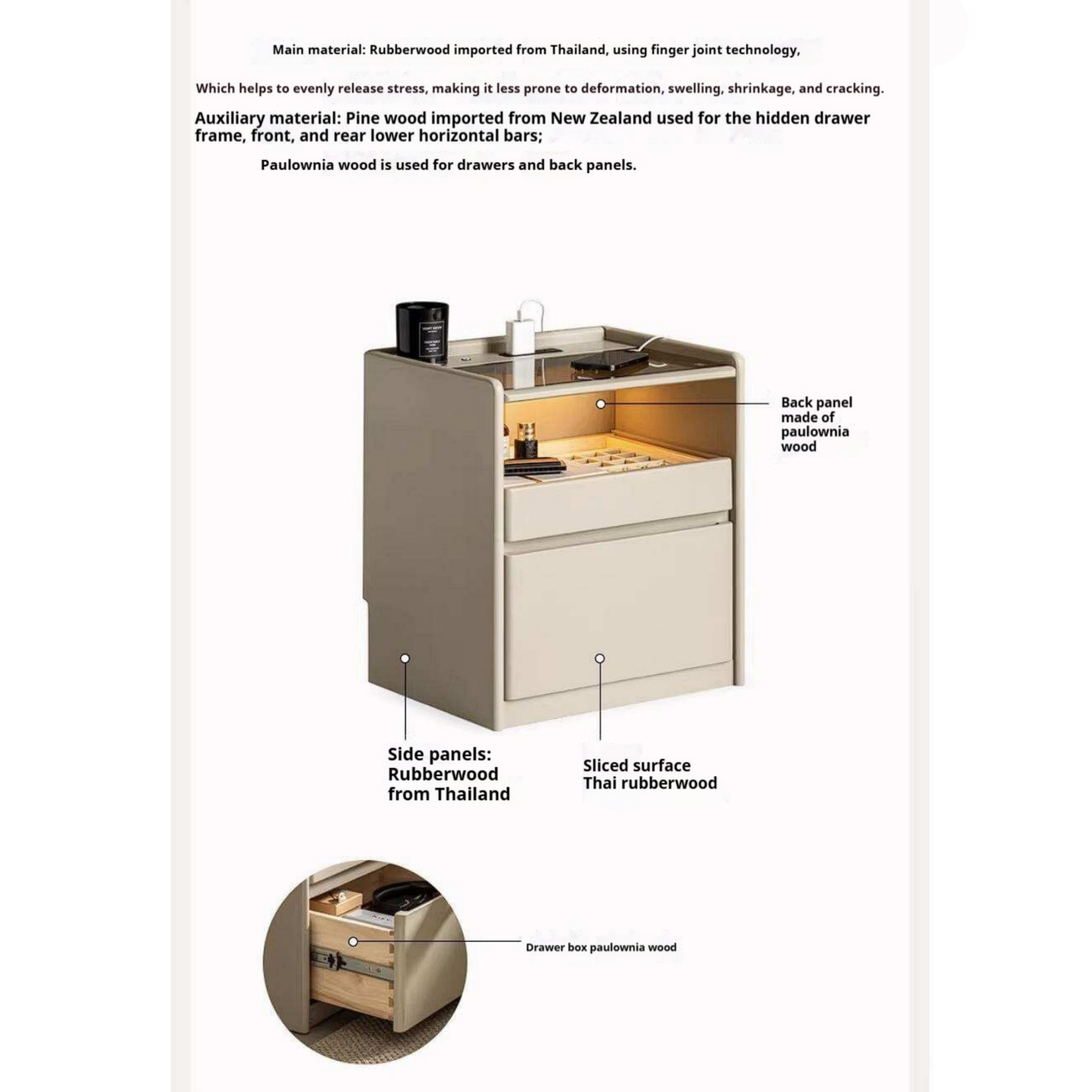 Rubberwood Solid Wood Taupe Nightstand with Tempered Glass Top, Built-In Outlet, and LED-Lit Organizer Drawer