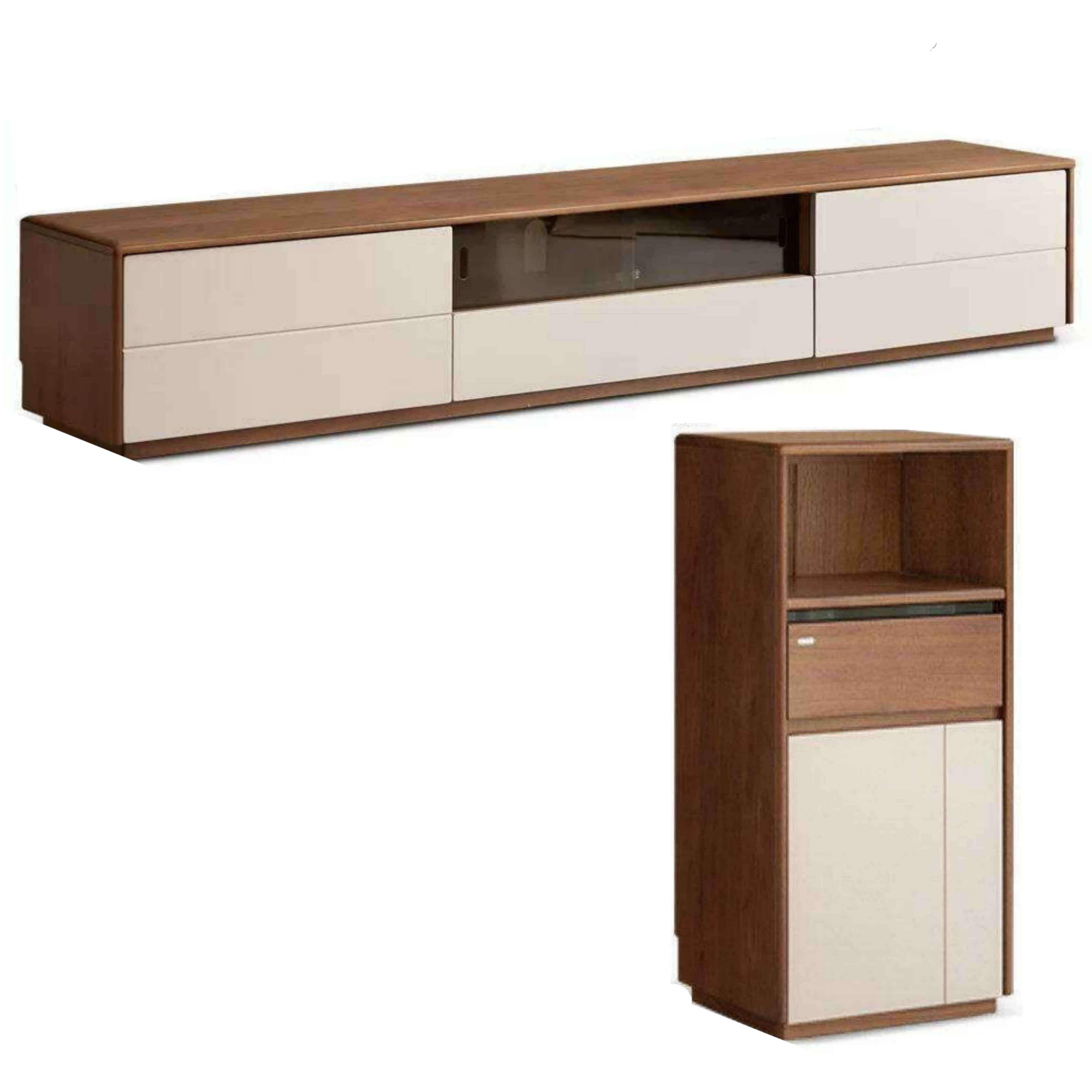 Black Walnut Solid Wood Low Profile TV Stand, Italian Modern Color Block Media Console with Storage