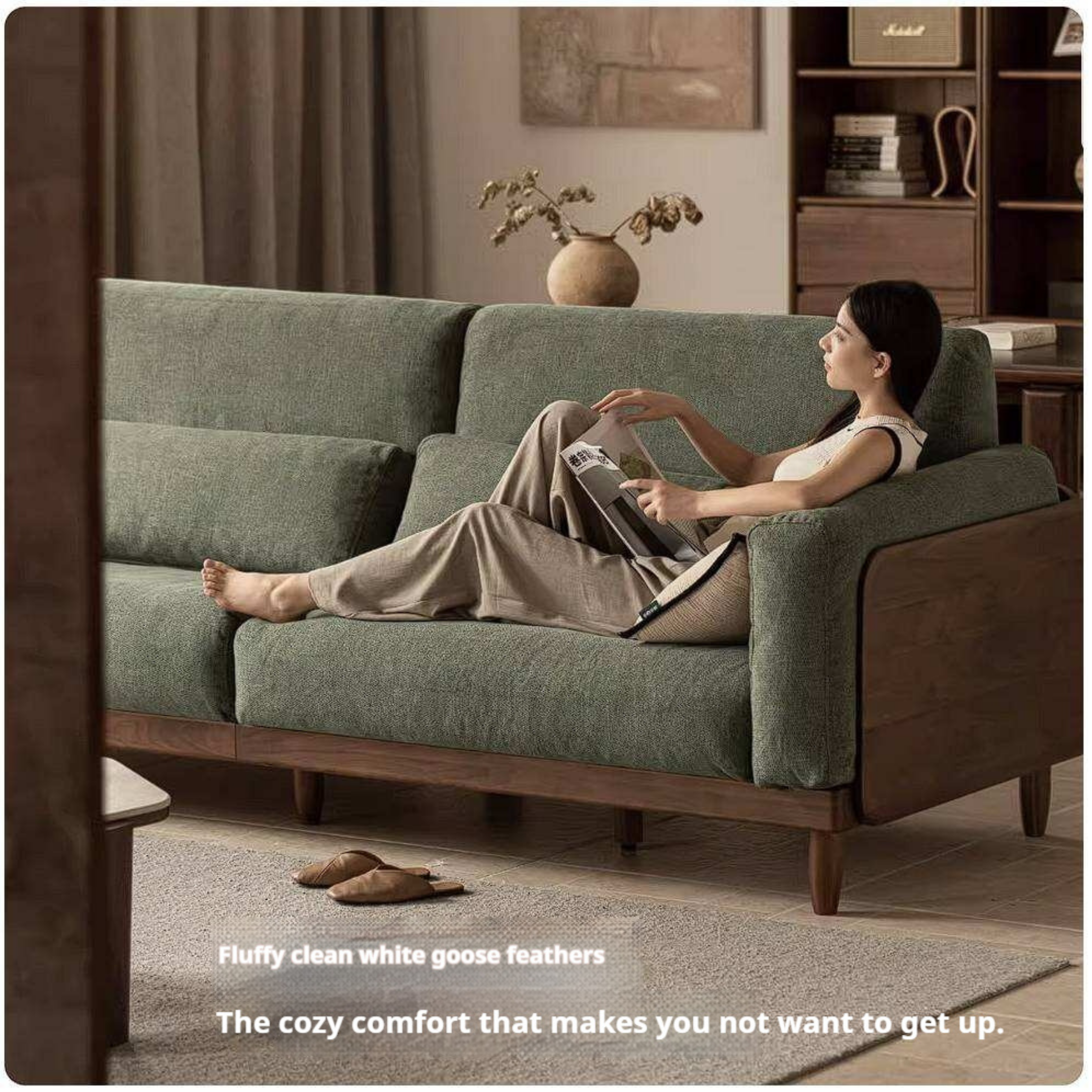 Black Walnut, Golden Sandalwood Solid Wood Sofa with Extra-Deep Seat