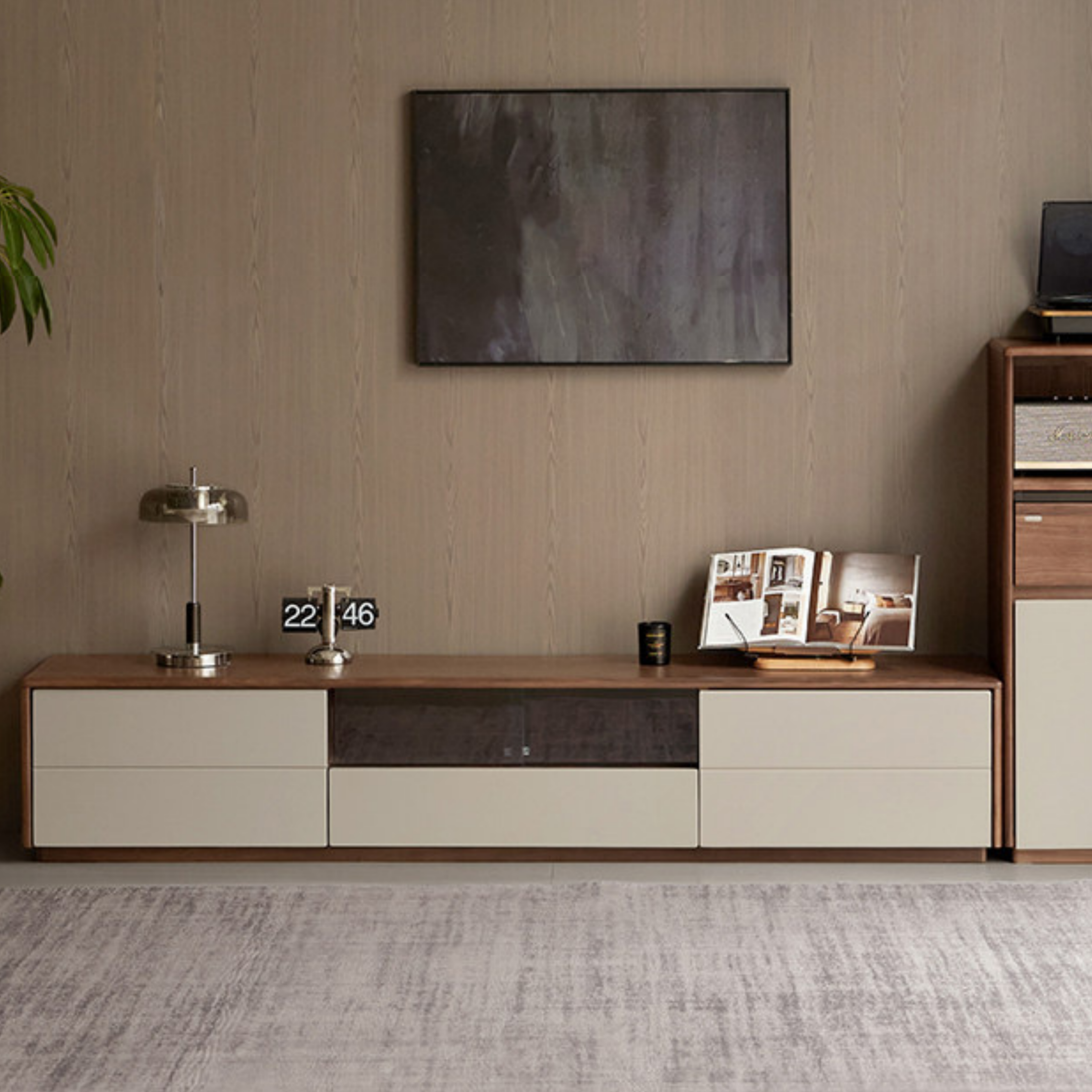 Black Walnut Solid Wood Low Profile TV Stand, Italian Modern Color Block Media Console with Storage