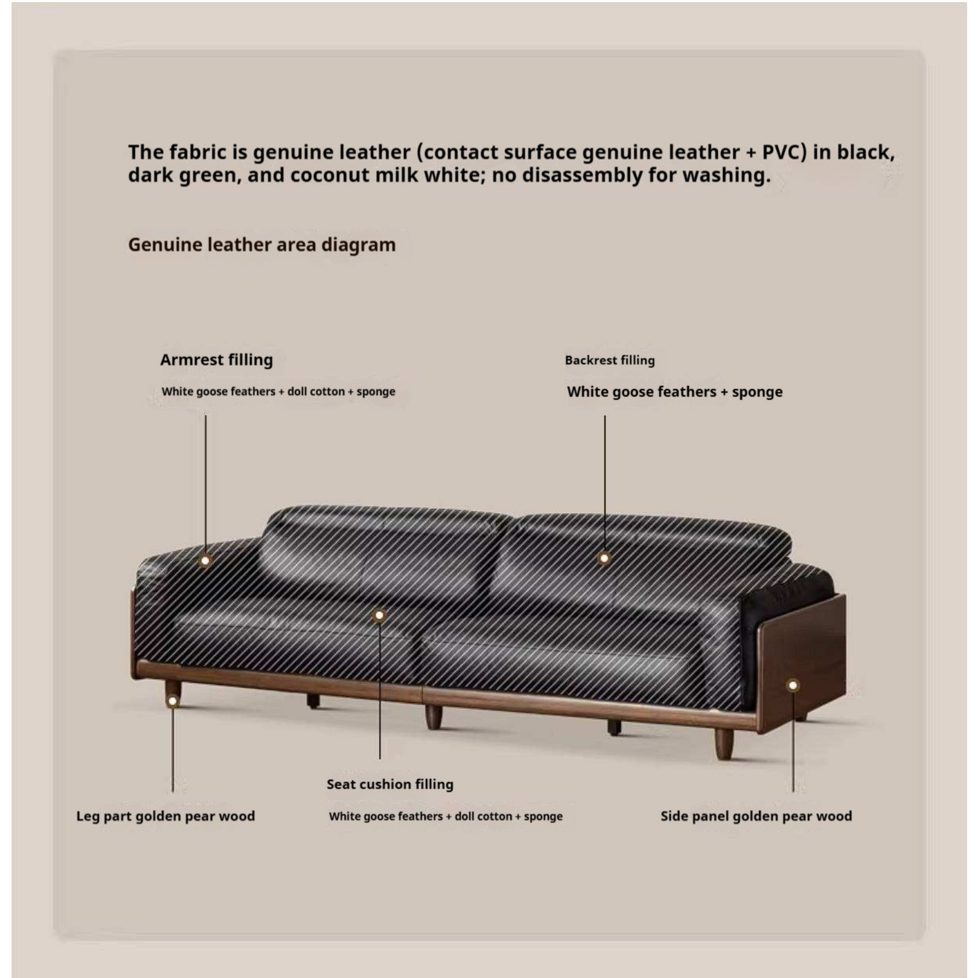Golden Pear Solid Wood Genuine leather Sofa with Italian Light Luxury Design