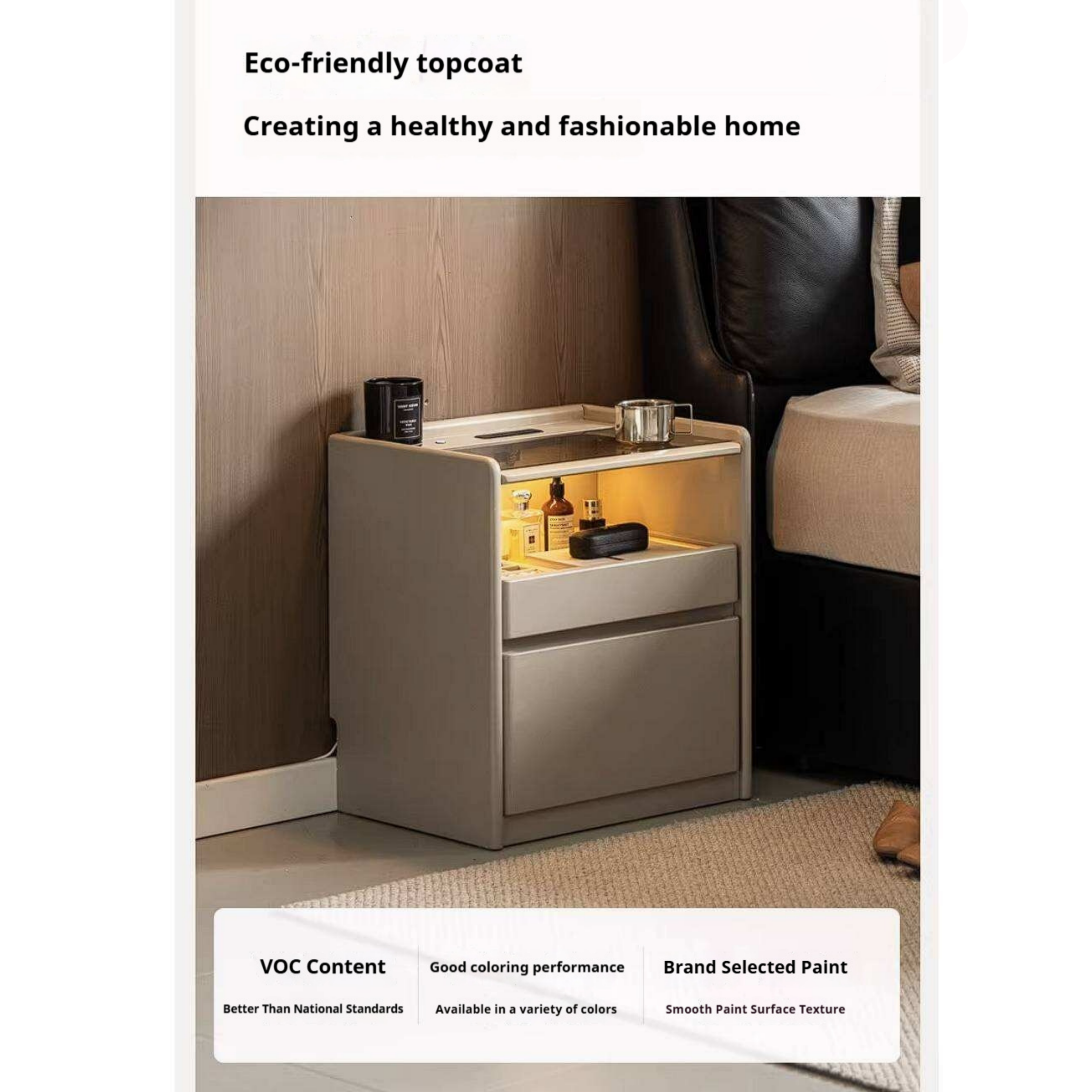 Rubberwood Solid Wood Taupe Nightstand with Tempered Glass Top, Built-In Outlet, and LED-Lit Organizer Drawer