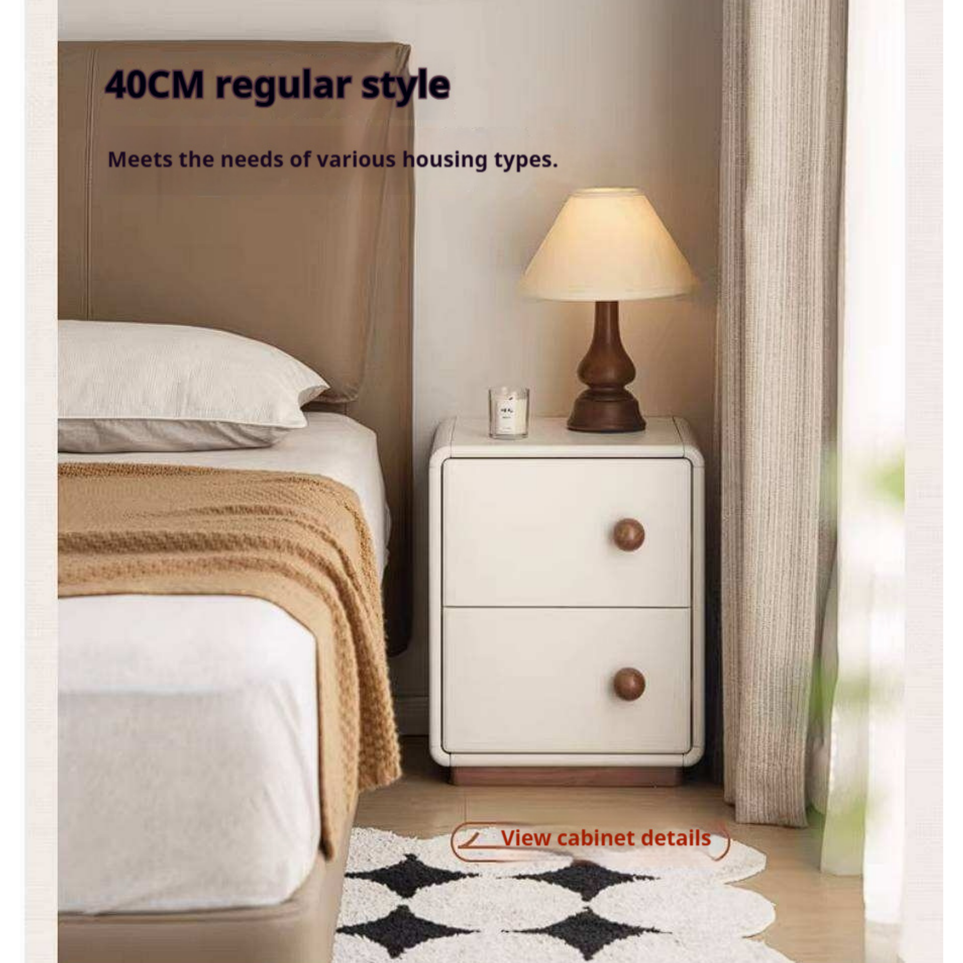 Rubberwood Solid Wood Slim Cream White Nightstand with Rounded Corners and Two Drawers