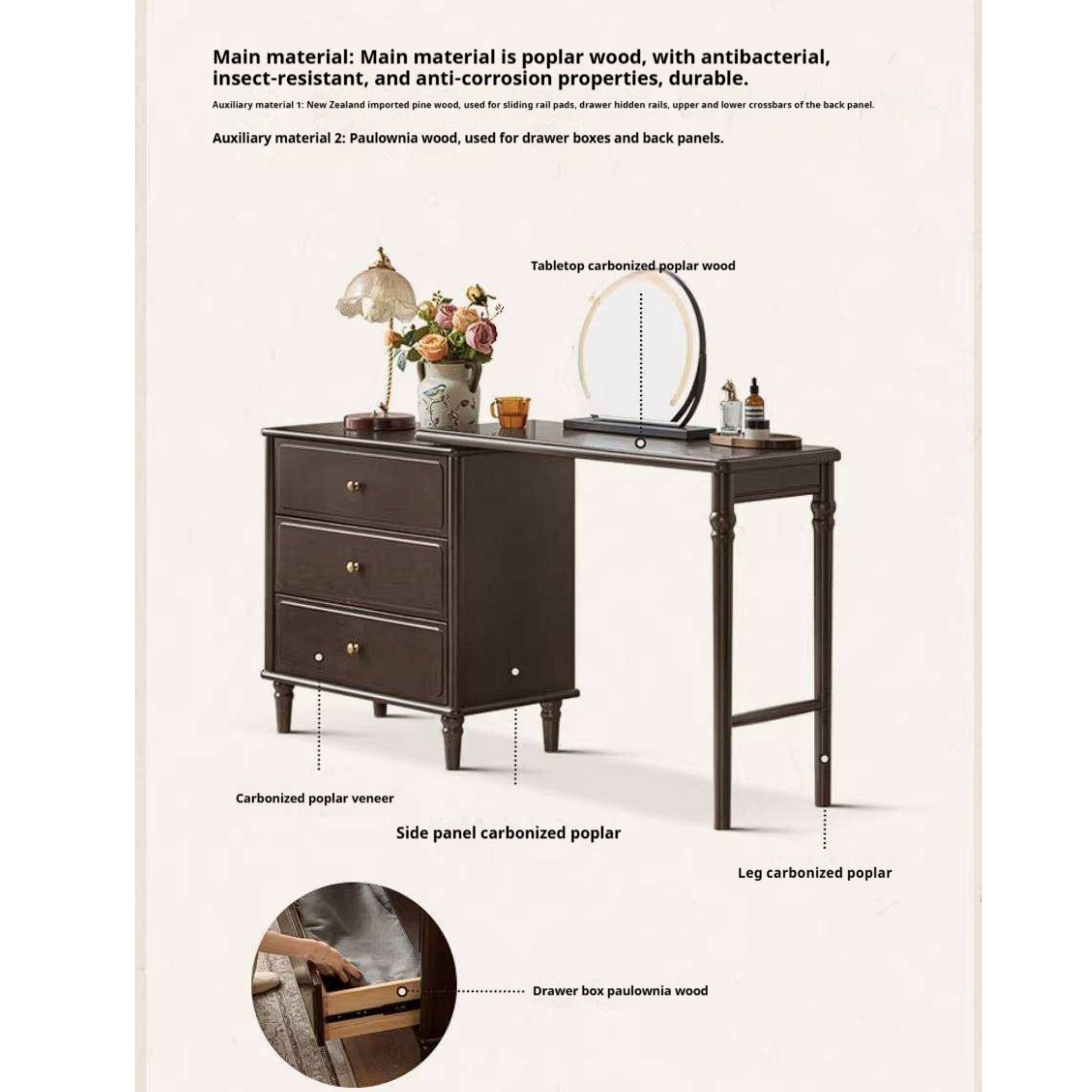 Poplar Solid Wood Vintage Extendable Vanity Desk with Round Mirror and Turned Legs