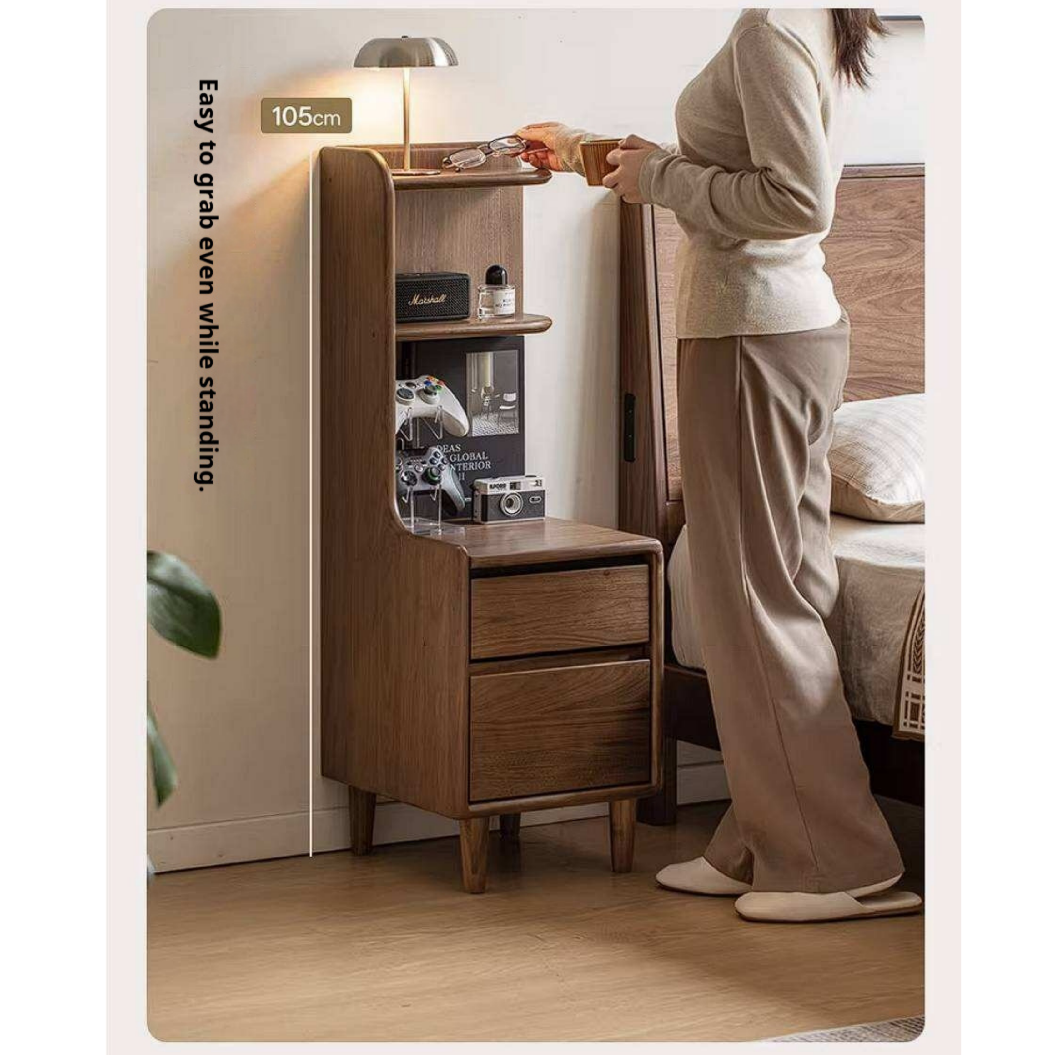 Black Walnut Solid Wood Nightstand with Drawer and Open Shelf