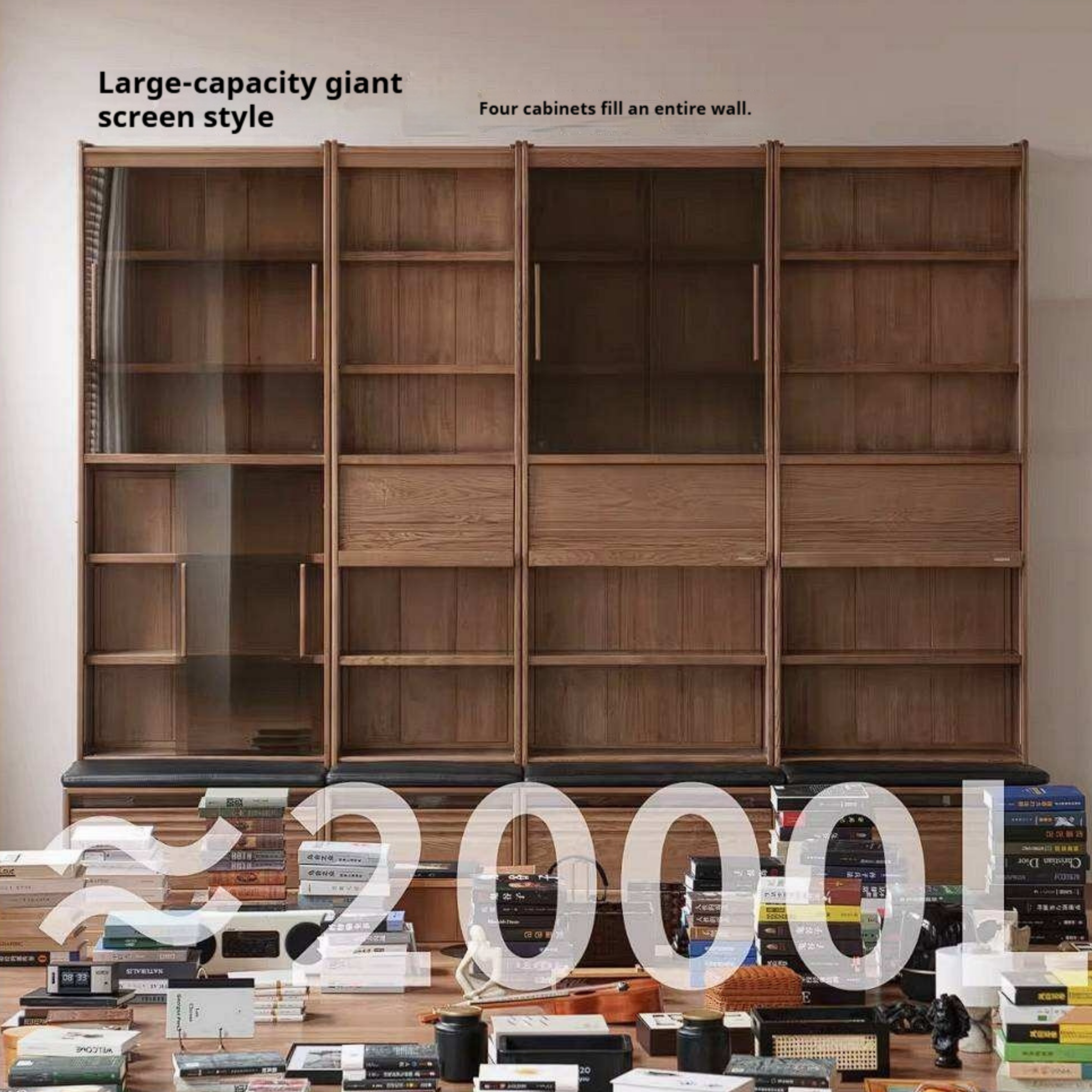 Ash Solid Wood Bookcase with Built In Bench Seat and Storage Drawer, Display Cabinet