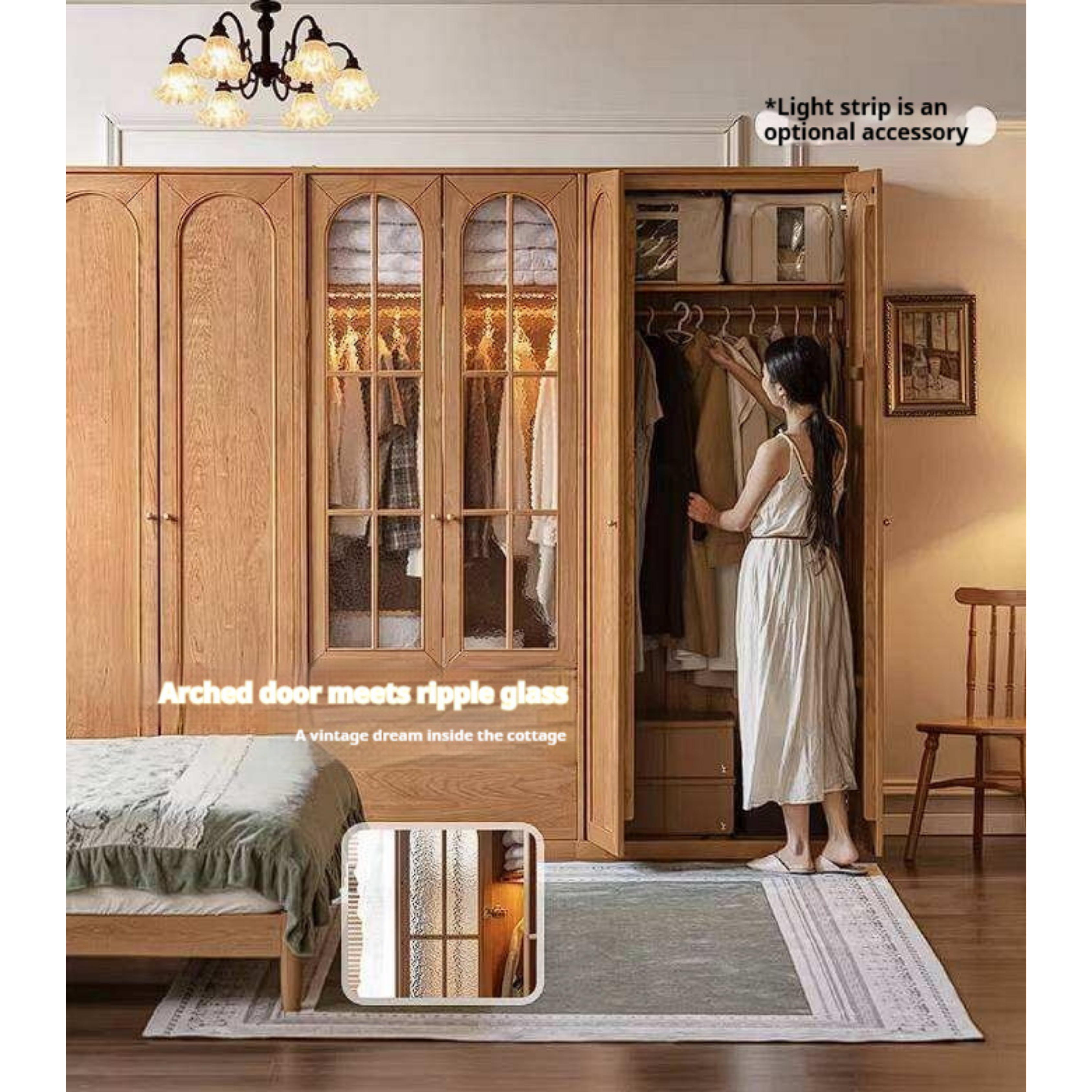 Cherry Solid Wood Wardrobe with French Retro Style Double Door Design
