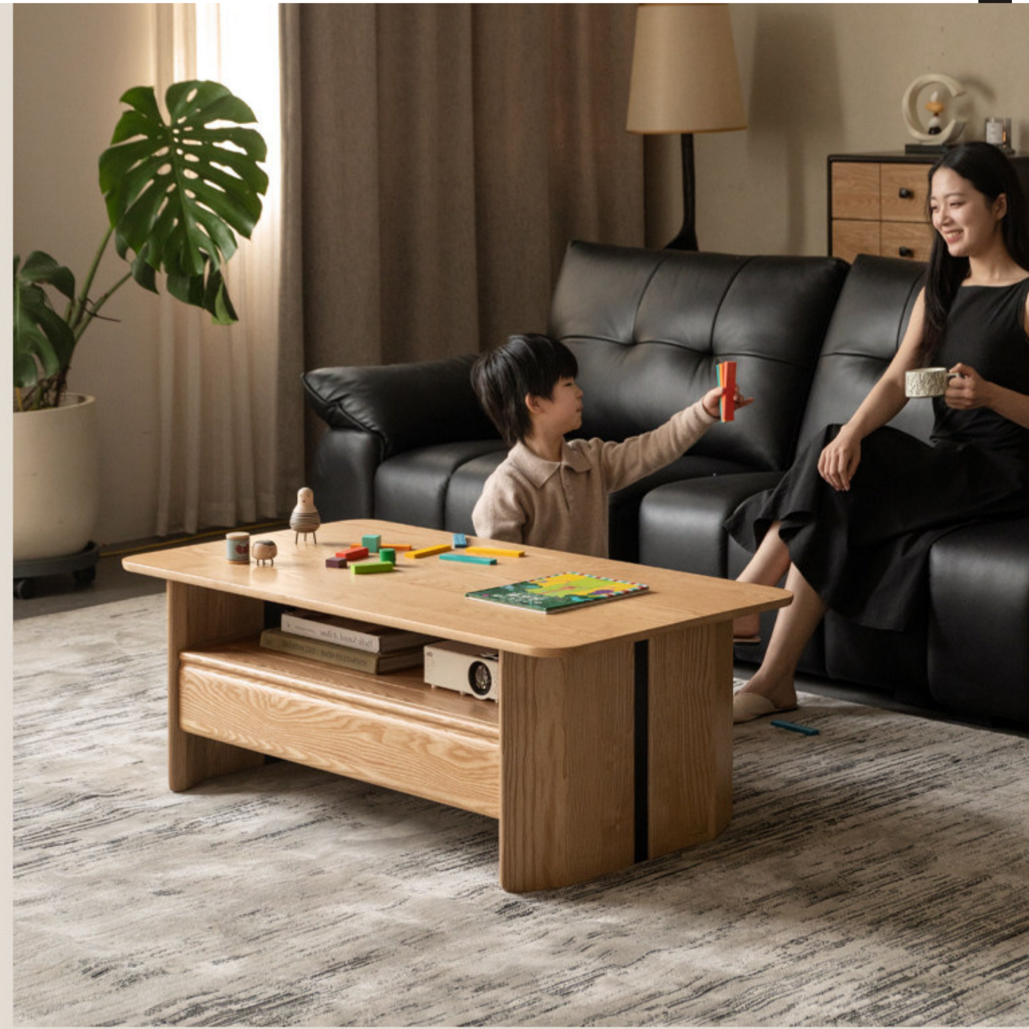 Ash Solid Wood Coffee Table with Two-Level Storage and Minimalist Design