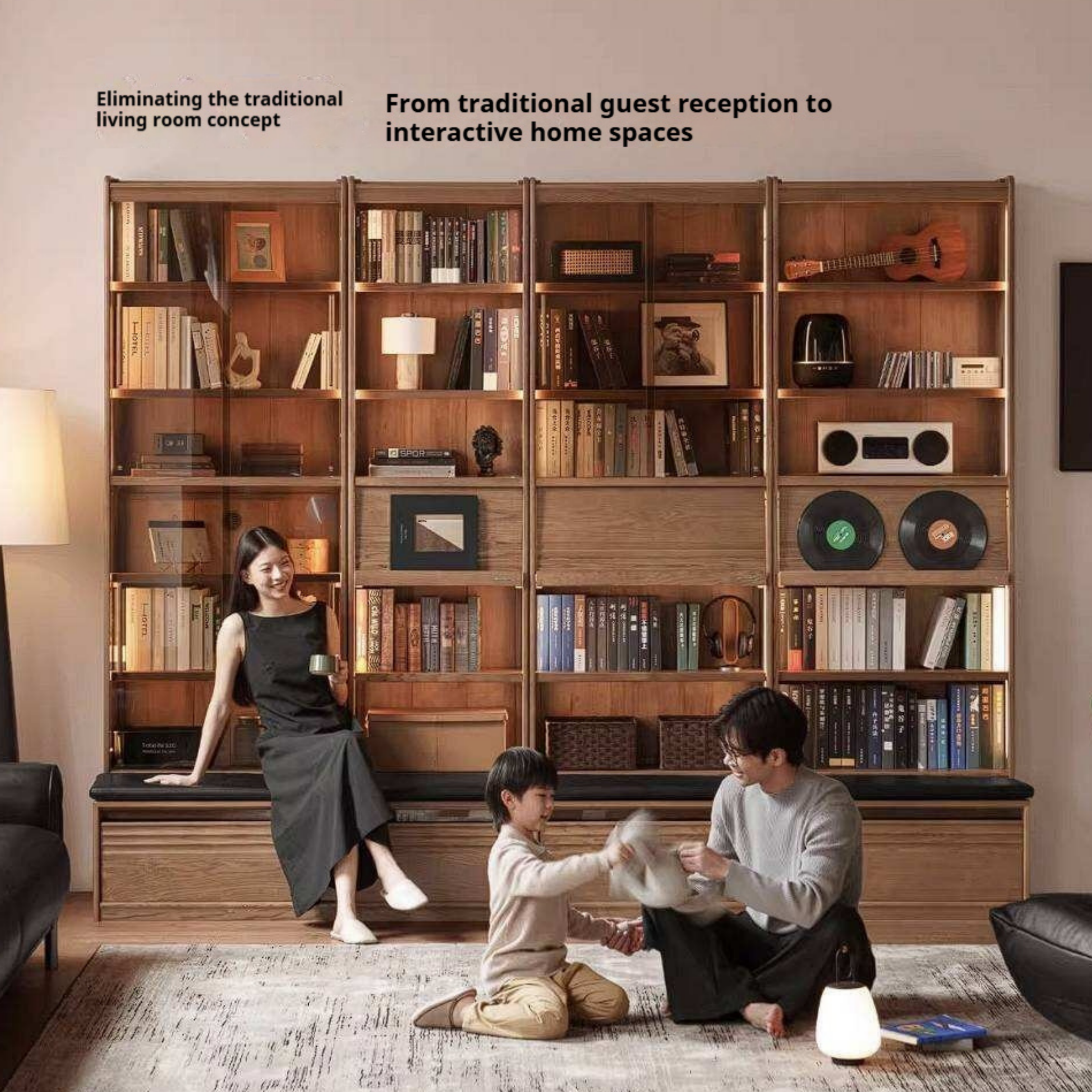 Ash Solid Wood Bookcase with Built In Bench Seat and Storage Drawer, Display Cabinet