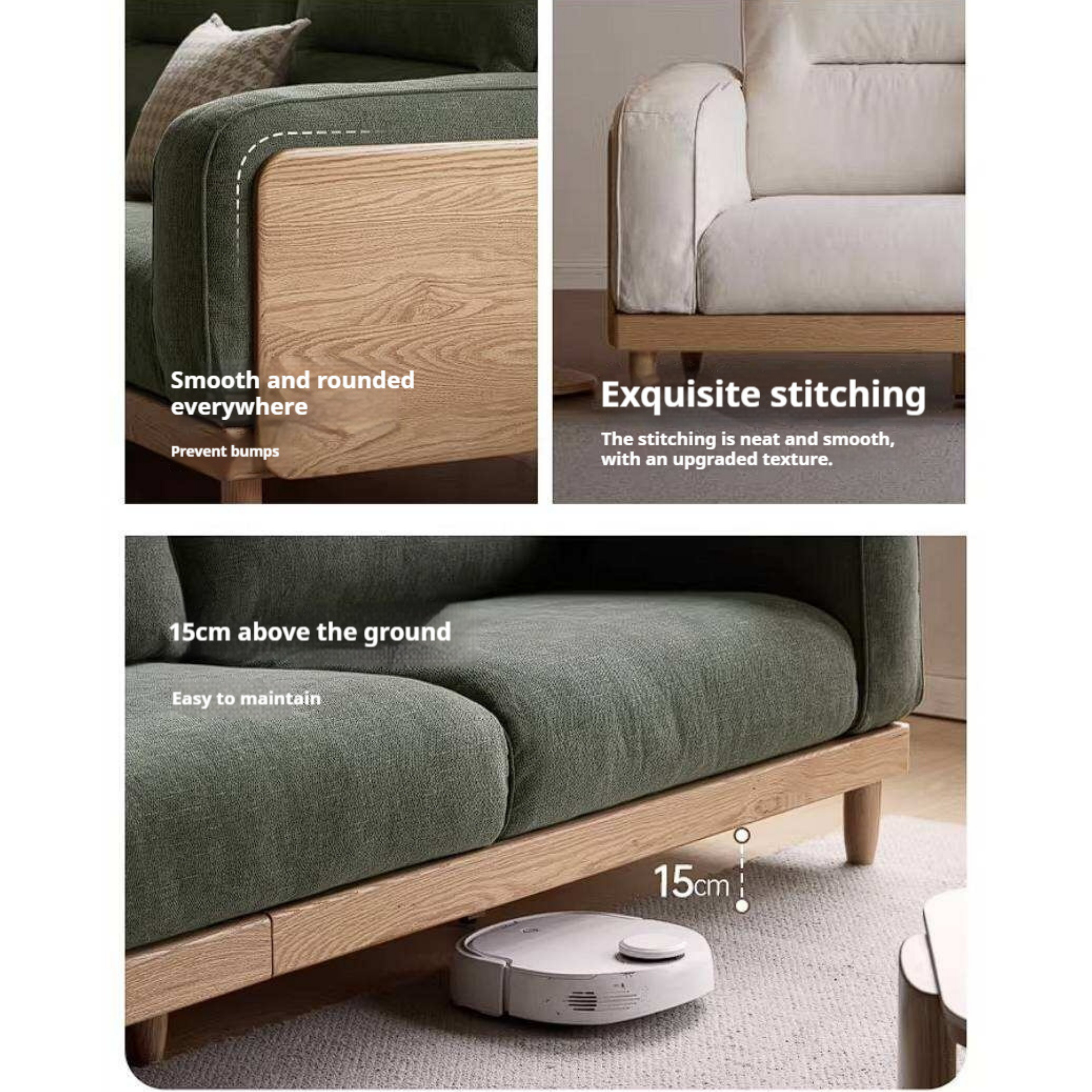 Oak, Ash Solid Wood Sofa with Exposed Wood Frame Arms
