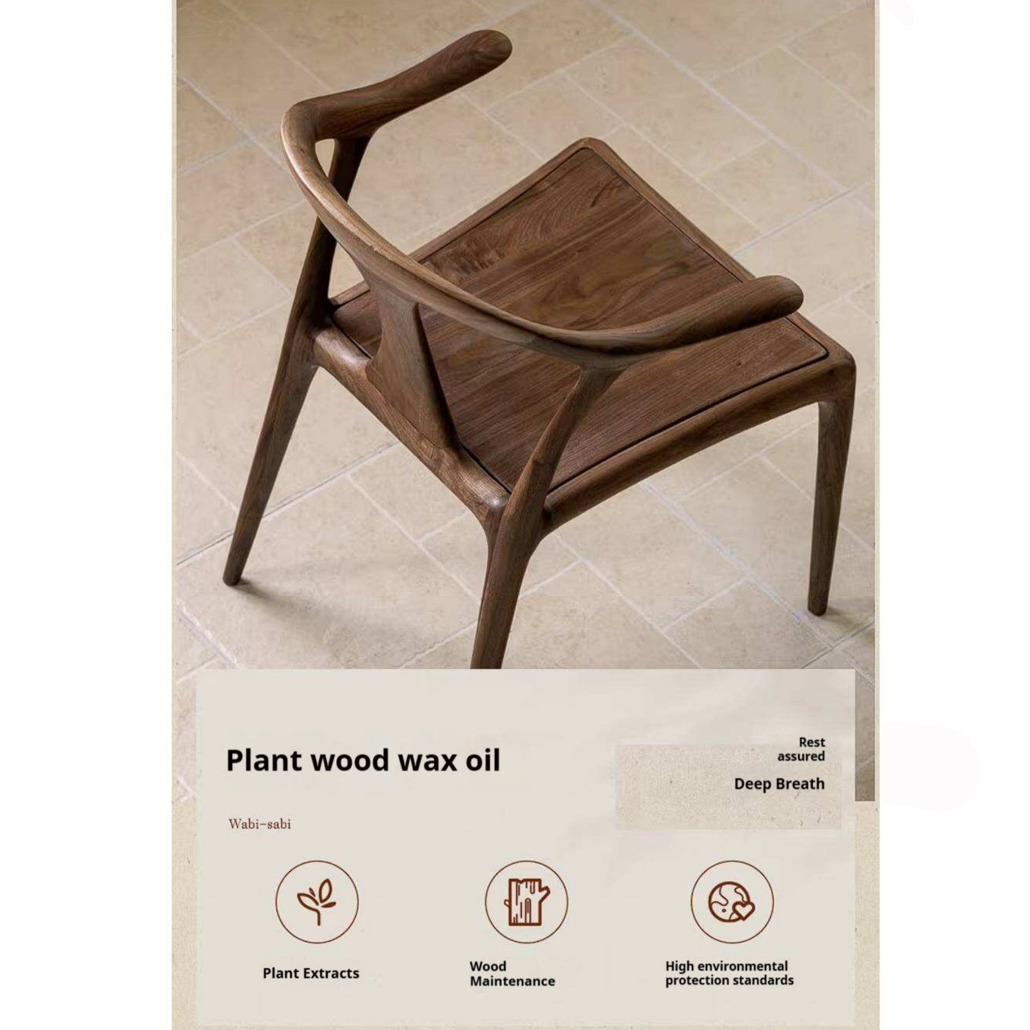 Black Walnut Solid Wood Ox Horn Dining Chair with Carved Curved Armrests
