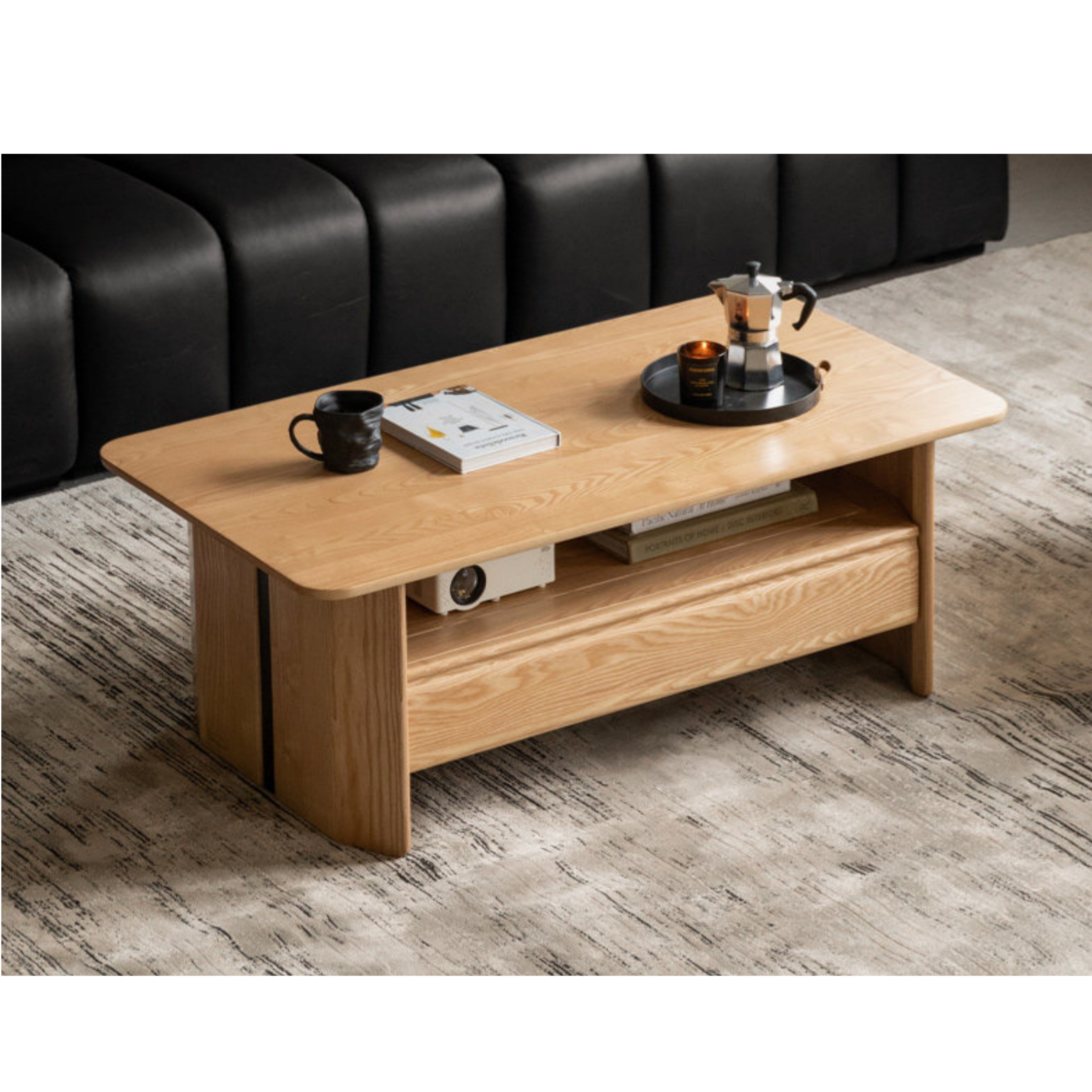 Ash Solid Wood Coffee Table with Two-Level Storage and Minimalist Design