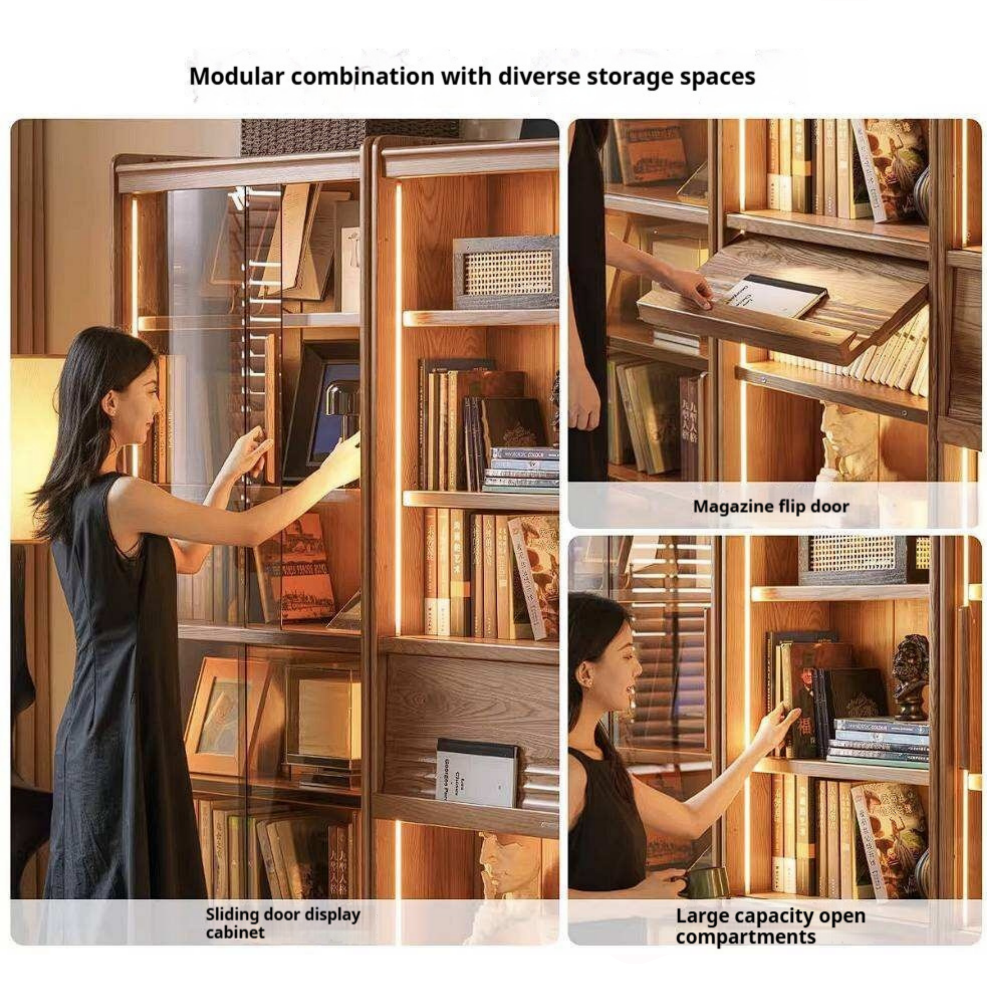 Ash Solid Wood Bookcase with Wall-Mounted Display and Storage Cabinet