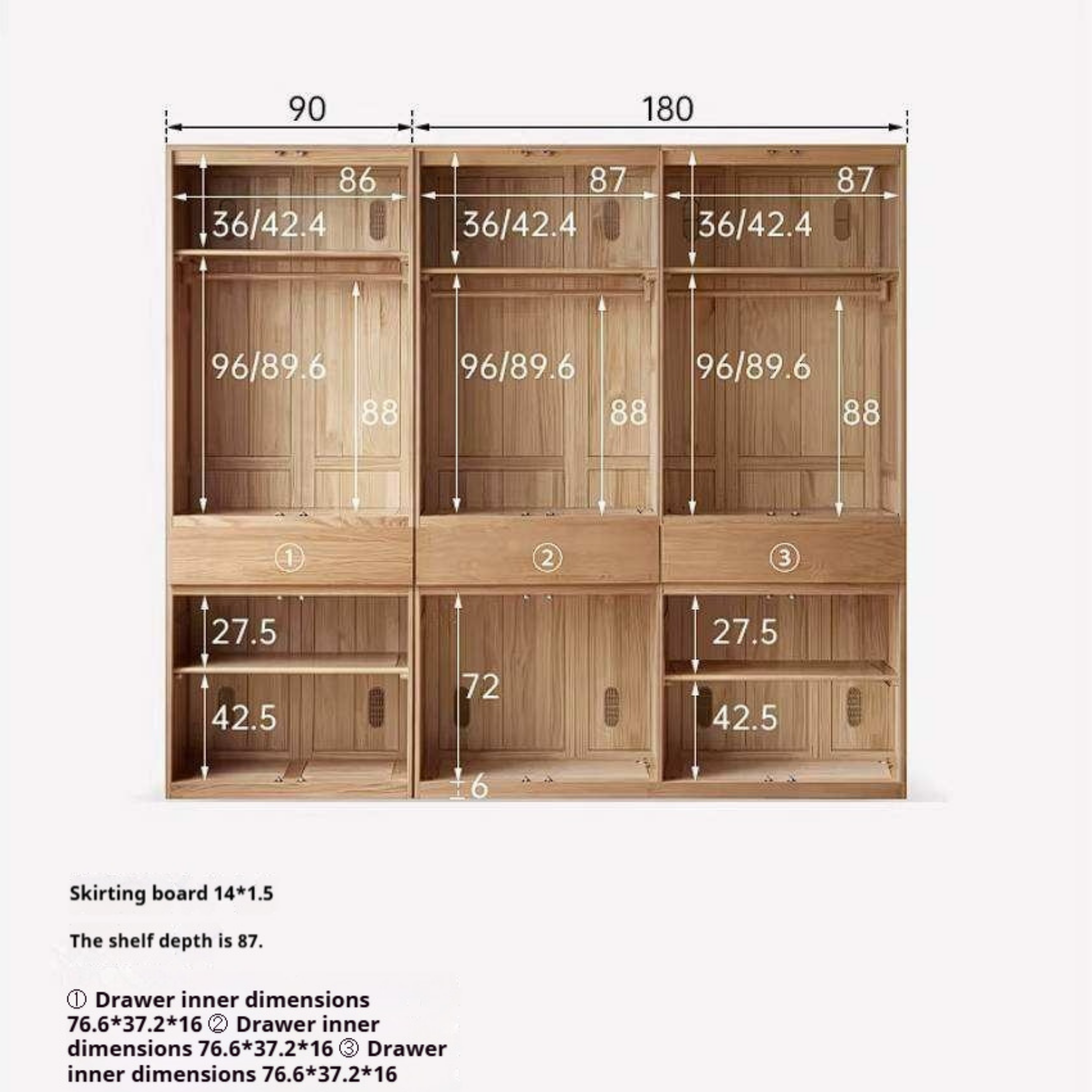 Oak Solid Wood Double Door Wardrobe with pull-out storage drawers Design