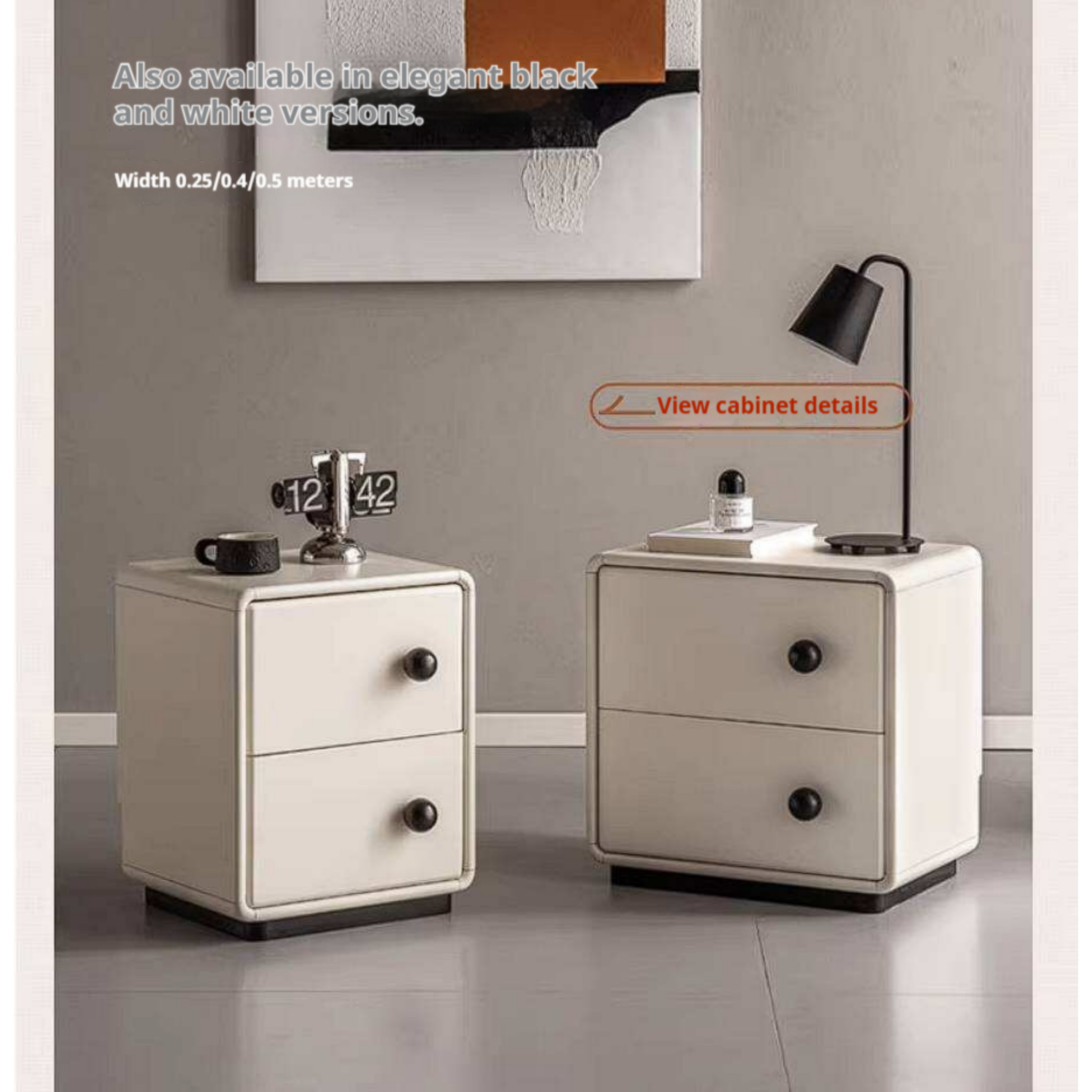 Rubberwood Solid Wood Slim Cream White Nightstand with Rounded Corners and Two Drawers