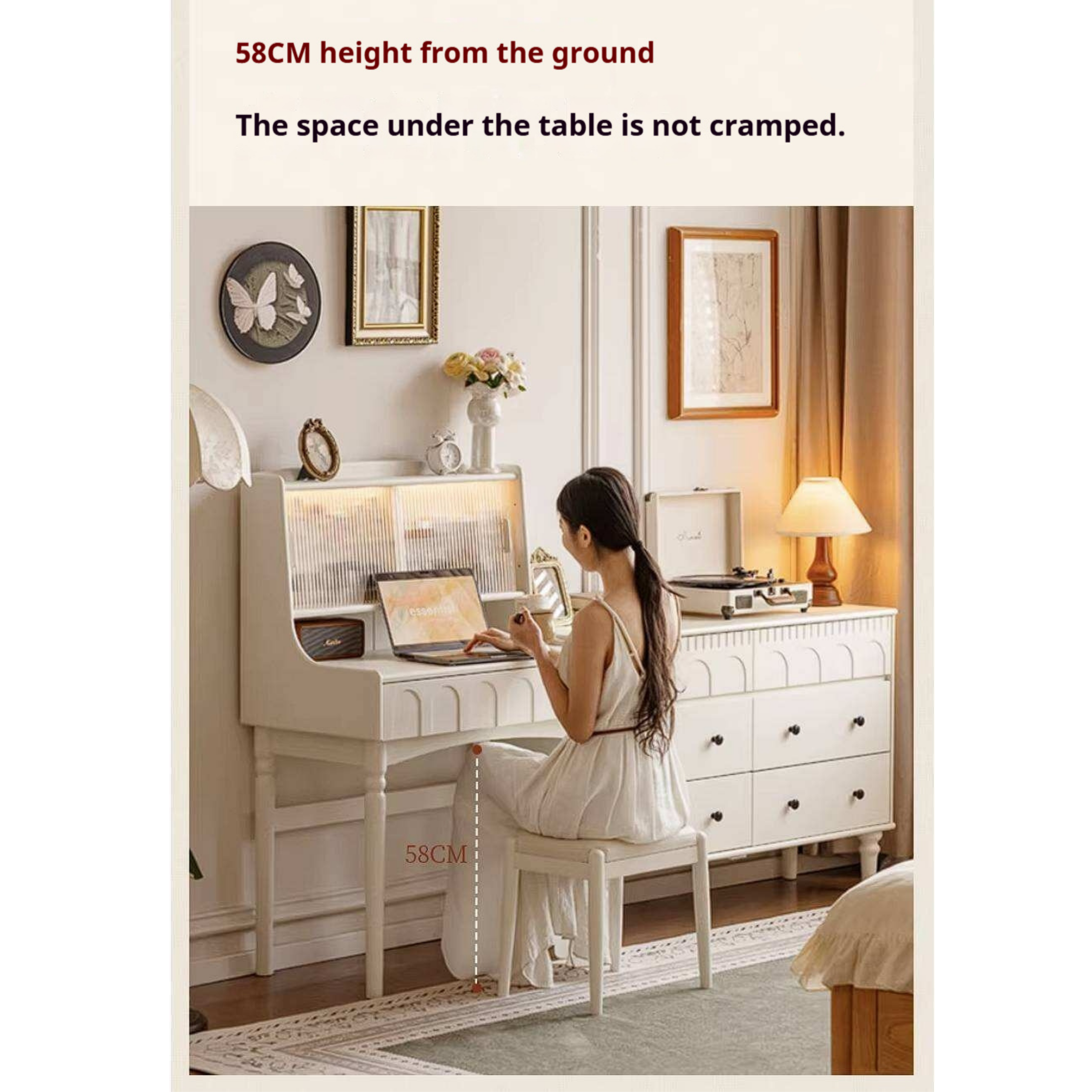 Rubberwood Solid Wood French Retro Vanity Desk with Lighted Storage Mirror and Drawers