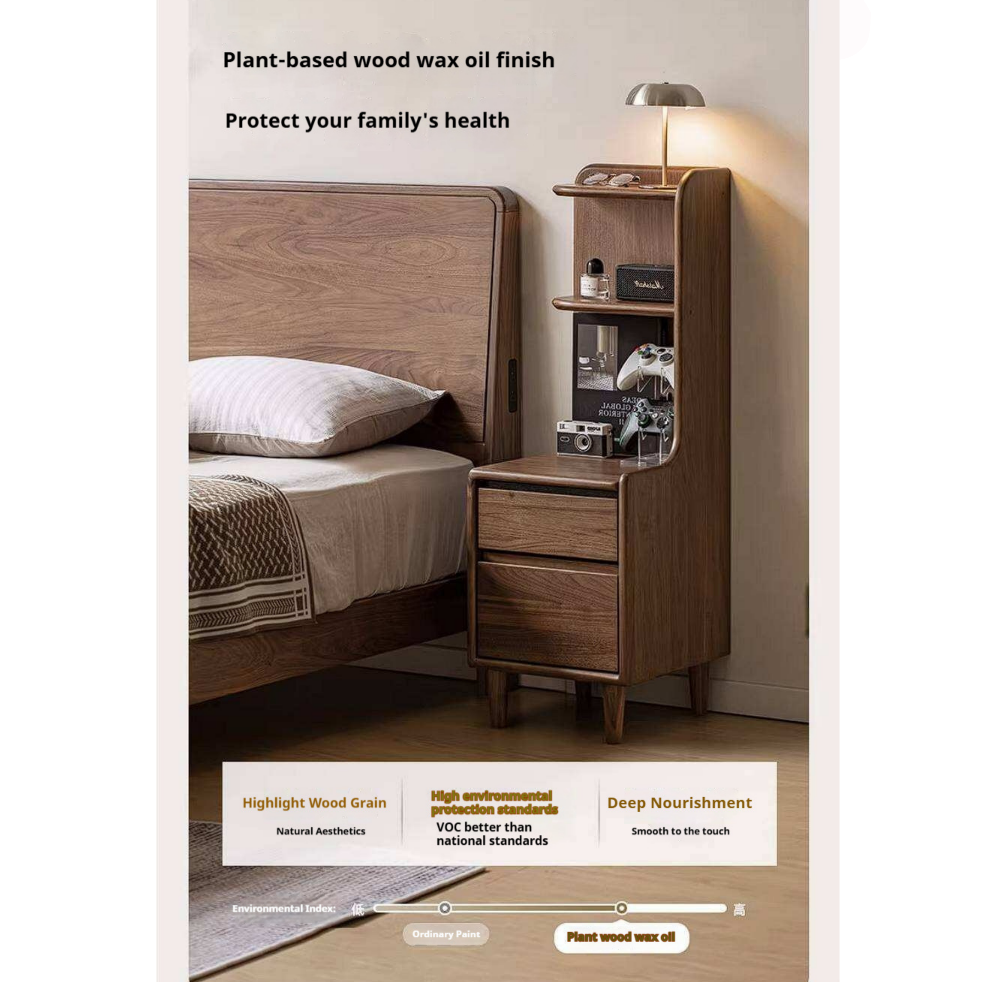 Black Walnut Solid Wood Nightstand with Drawer and Open Shelf