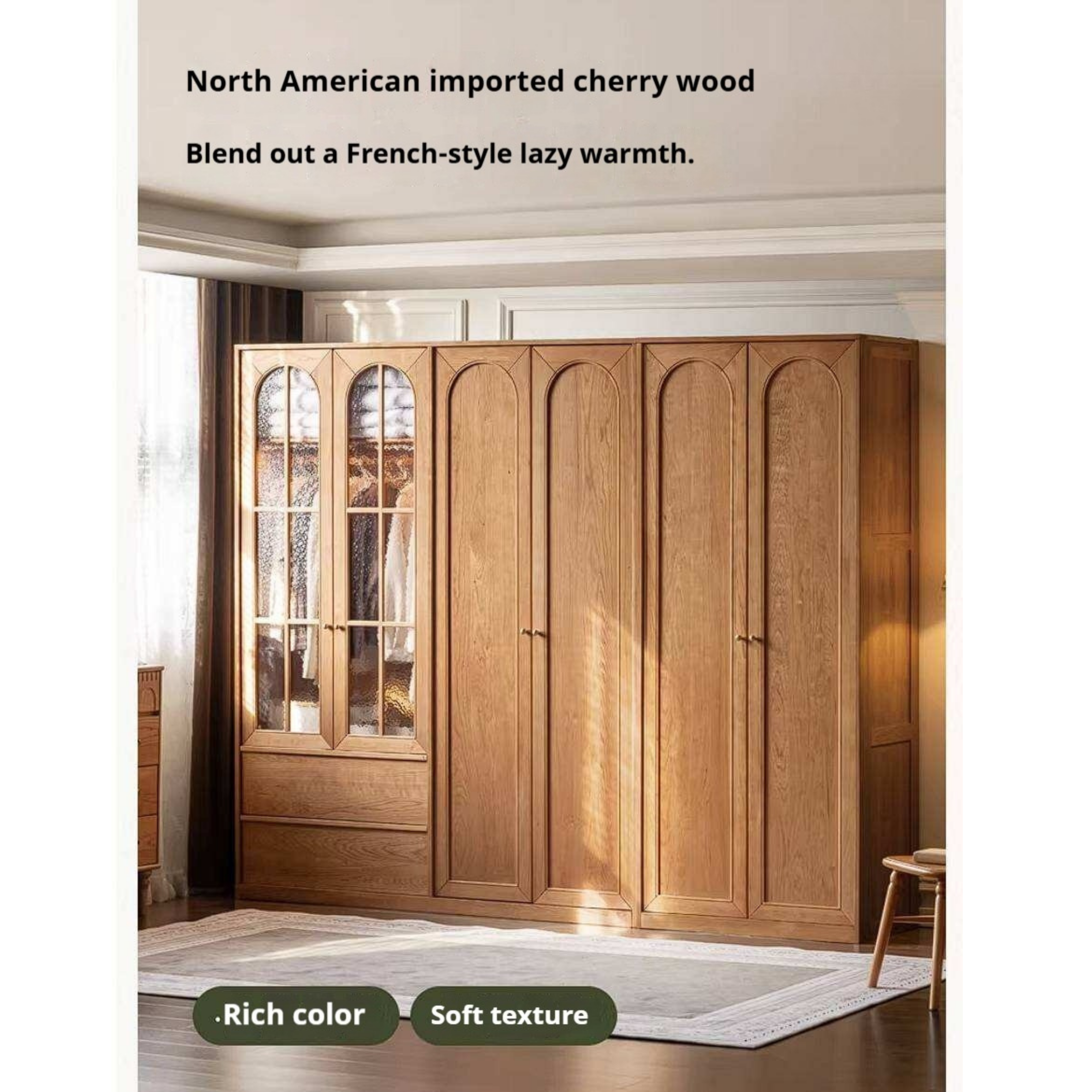 Cherry Solid Wood Wardrobe with French Retro Style Double Door Design