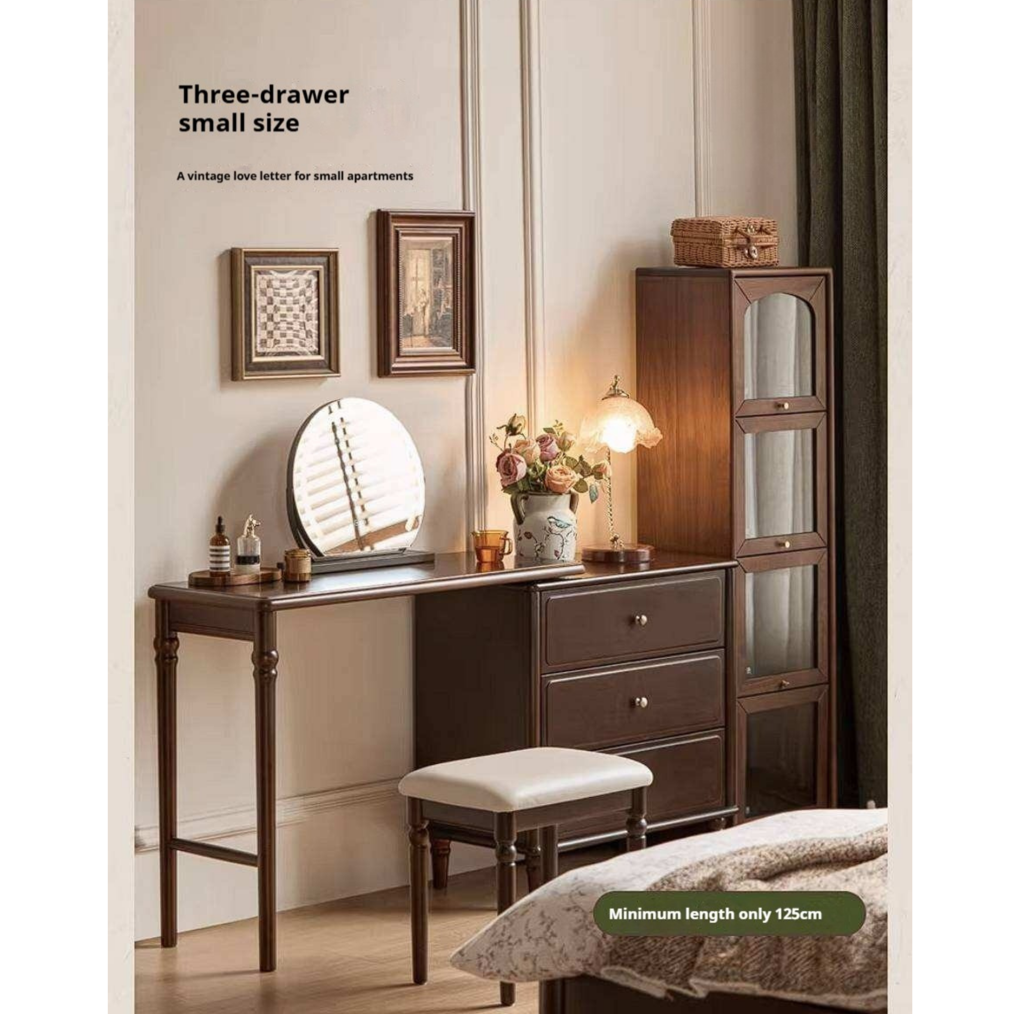 Poplar Solid Wood Vintage Extendable Vanity Desk with Round Mirror and Turned Legs