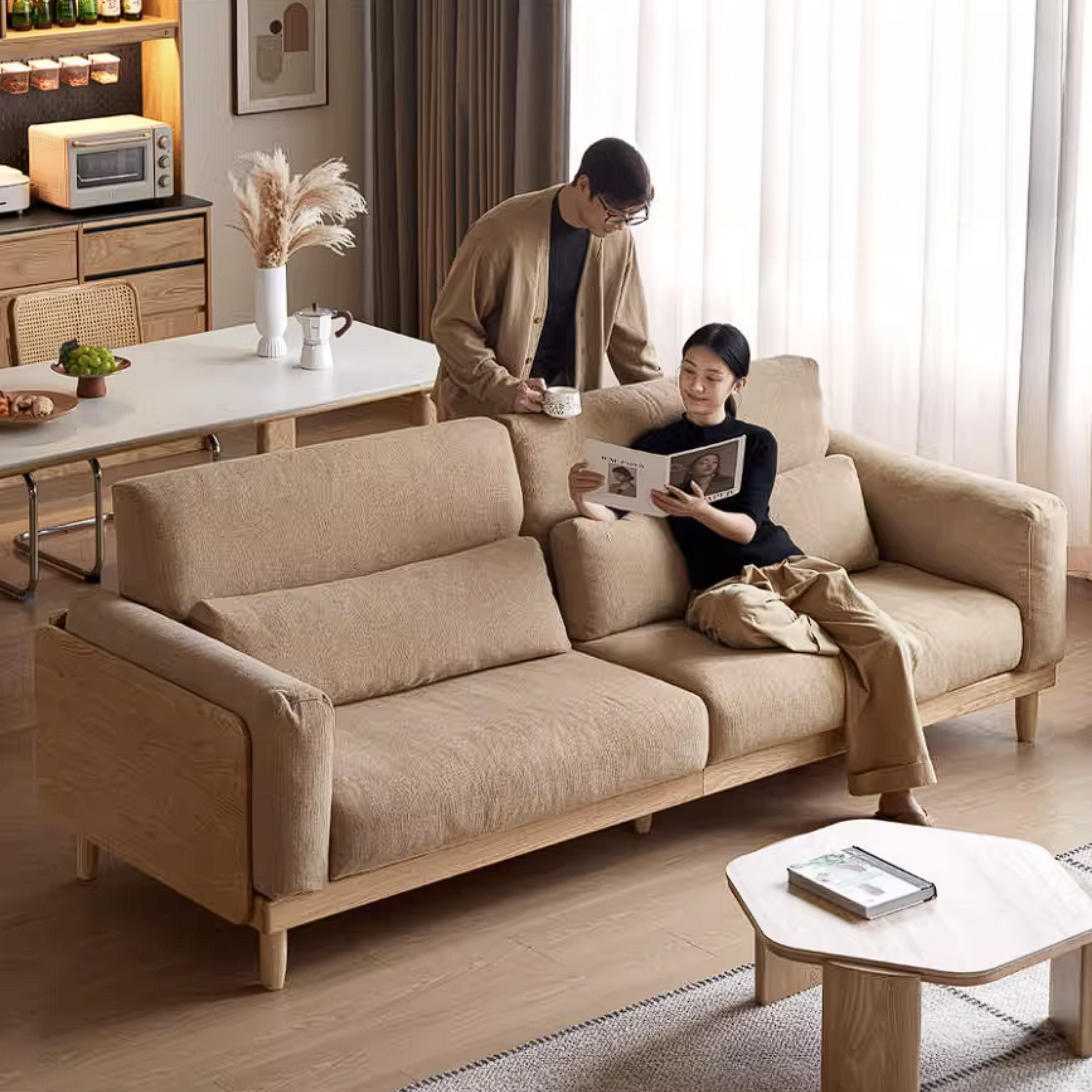 Oak Solid Wood Sofa with Rounded Arms, Low-Profile Design