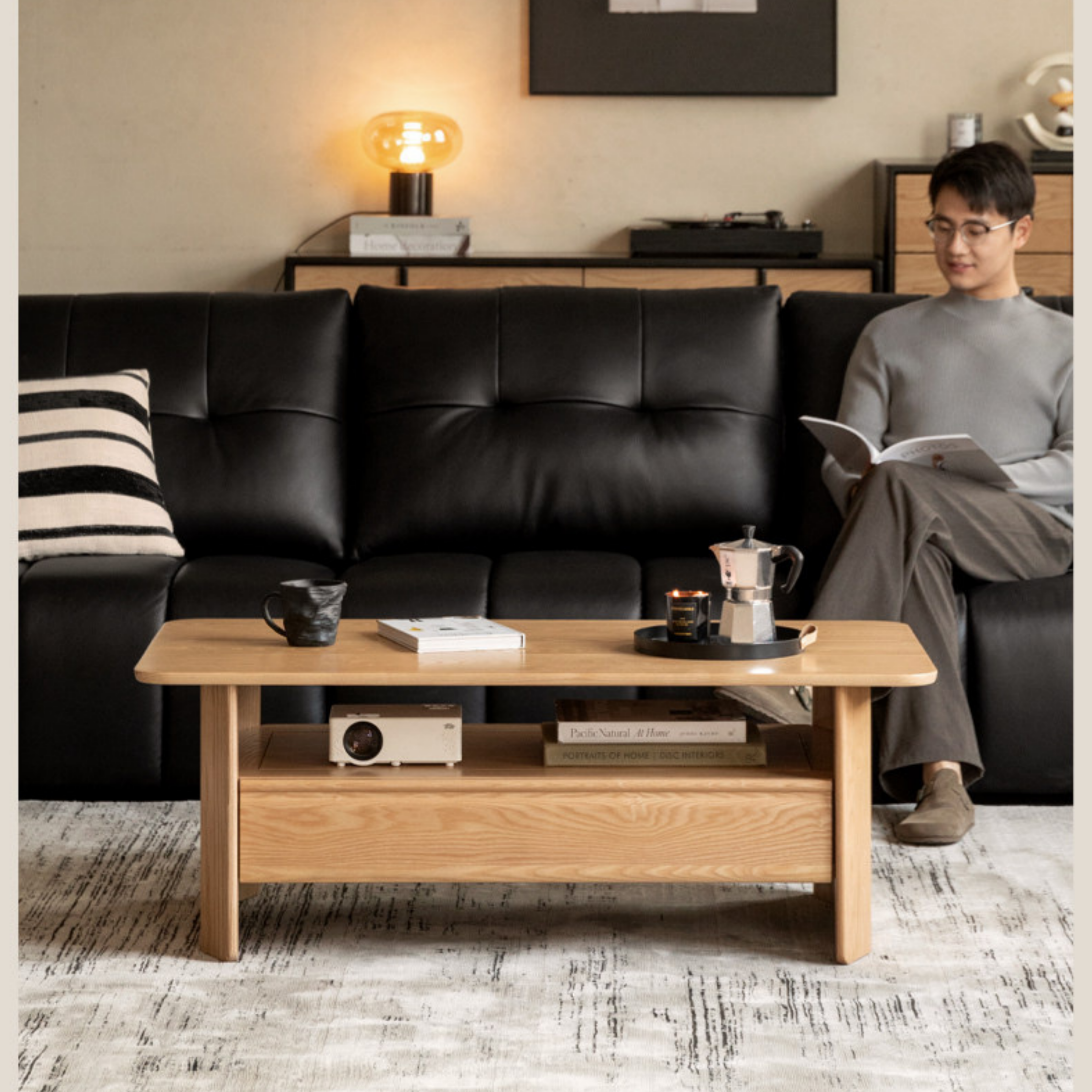 Ash Solid Wood Coffee Table with Two-Level Storage and Minimalist Design