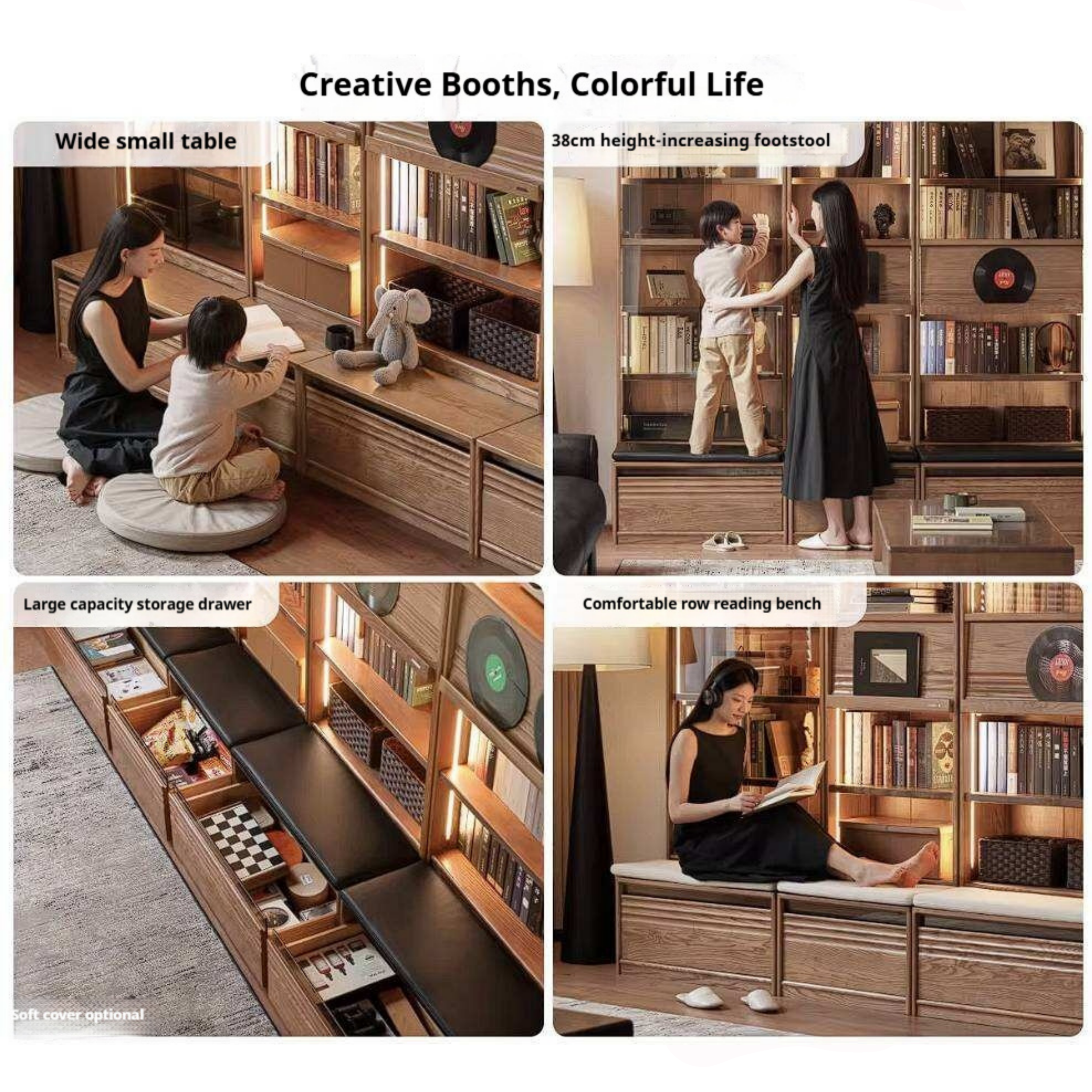 Ash Solid Wood Bookcase with Built In Bench Seat and Storage Drawer, Display Cabinet