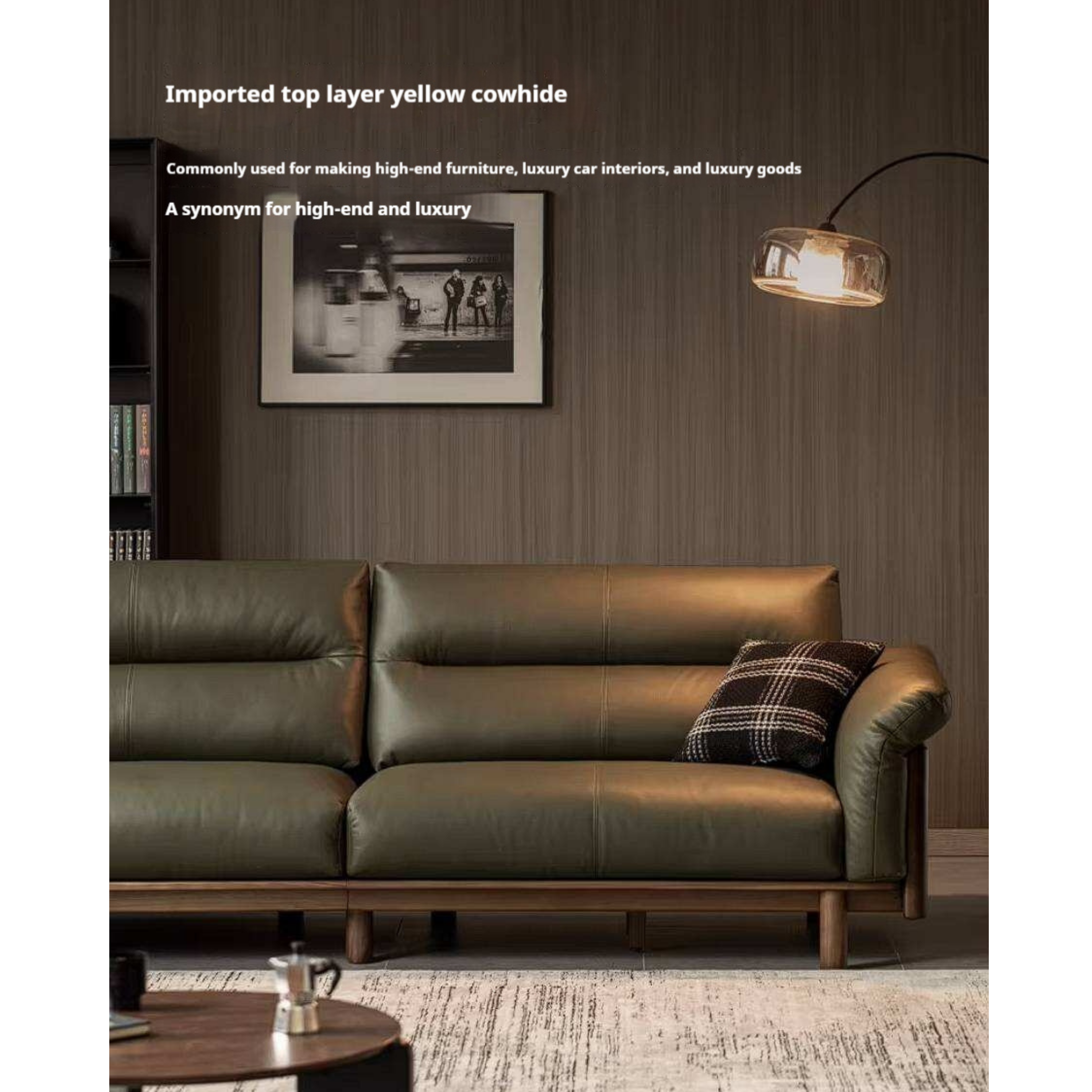 Black Walnut Solid Wood Genuine Leather Sofa with High Back