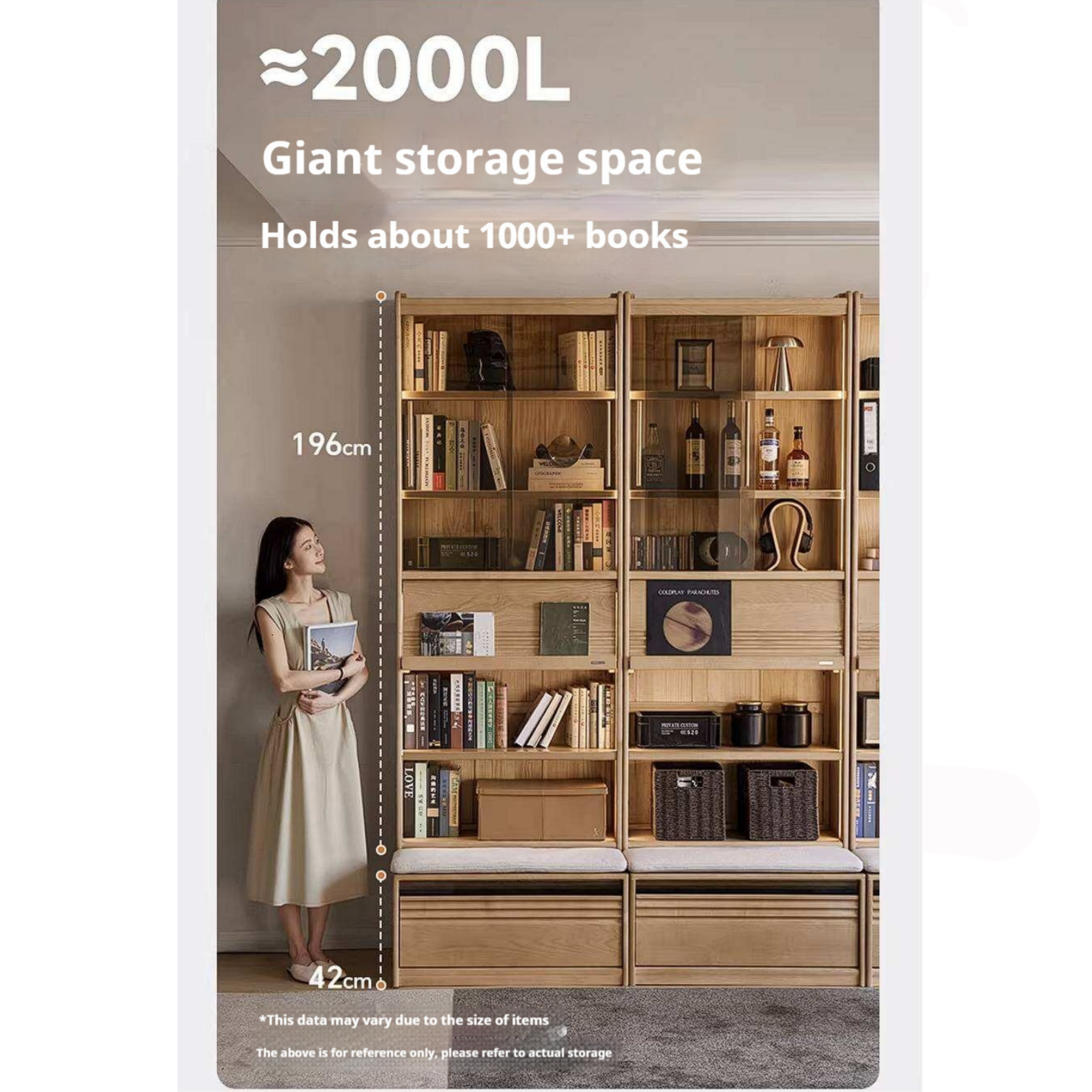 Ash Solid Wood Bookshelf with Wall Mounted Display Cabinet Design