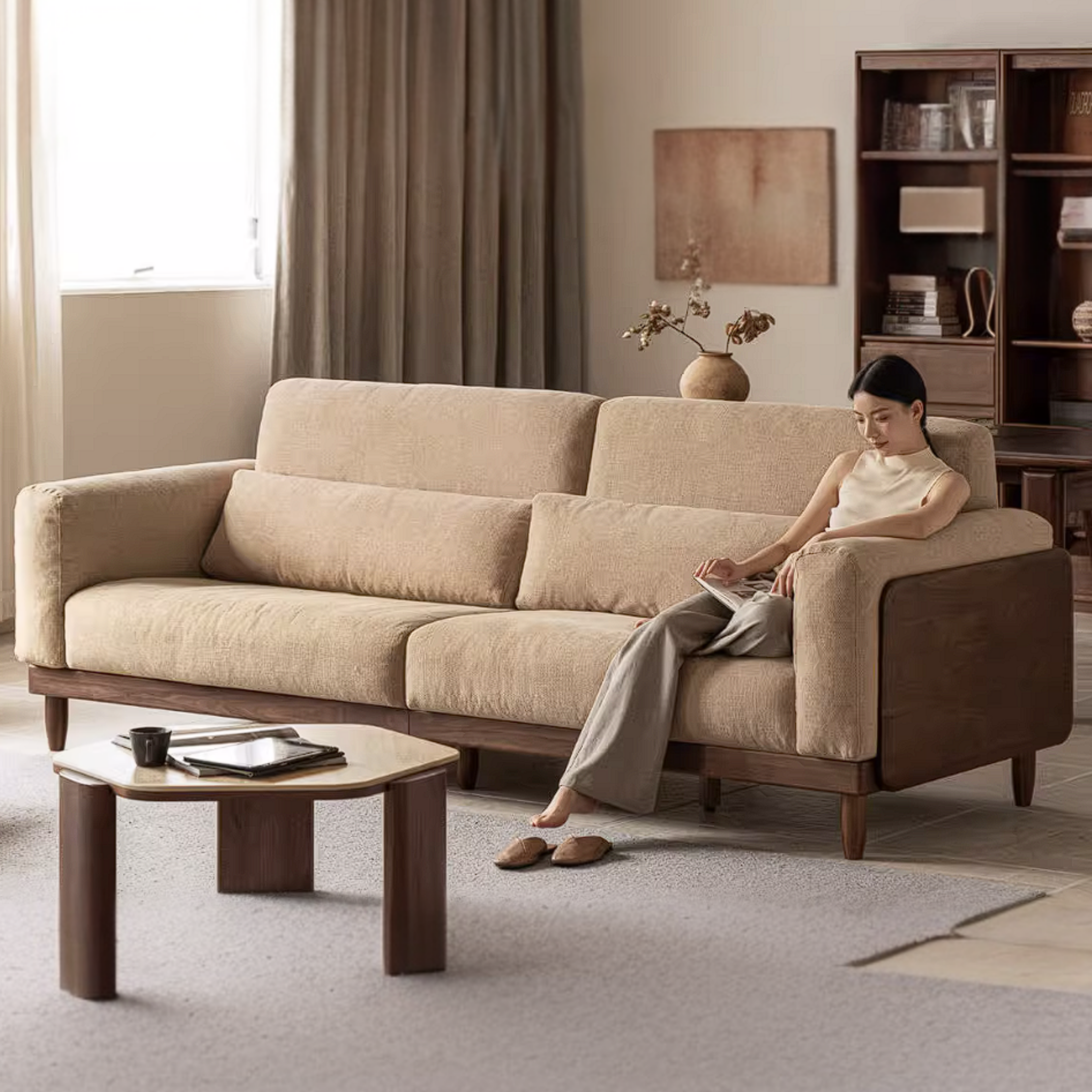 Black Walnut, Golden Sandalwood Solid Wood Sofa with Extra-Deep Seat