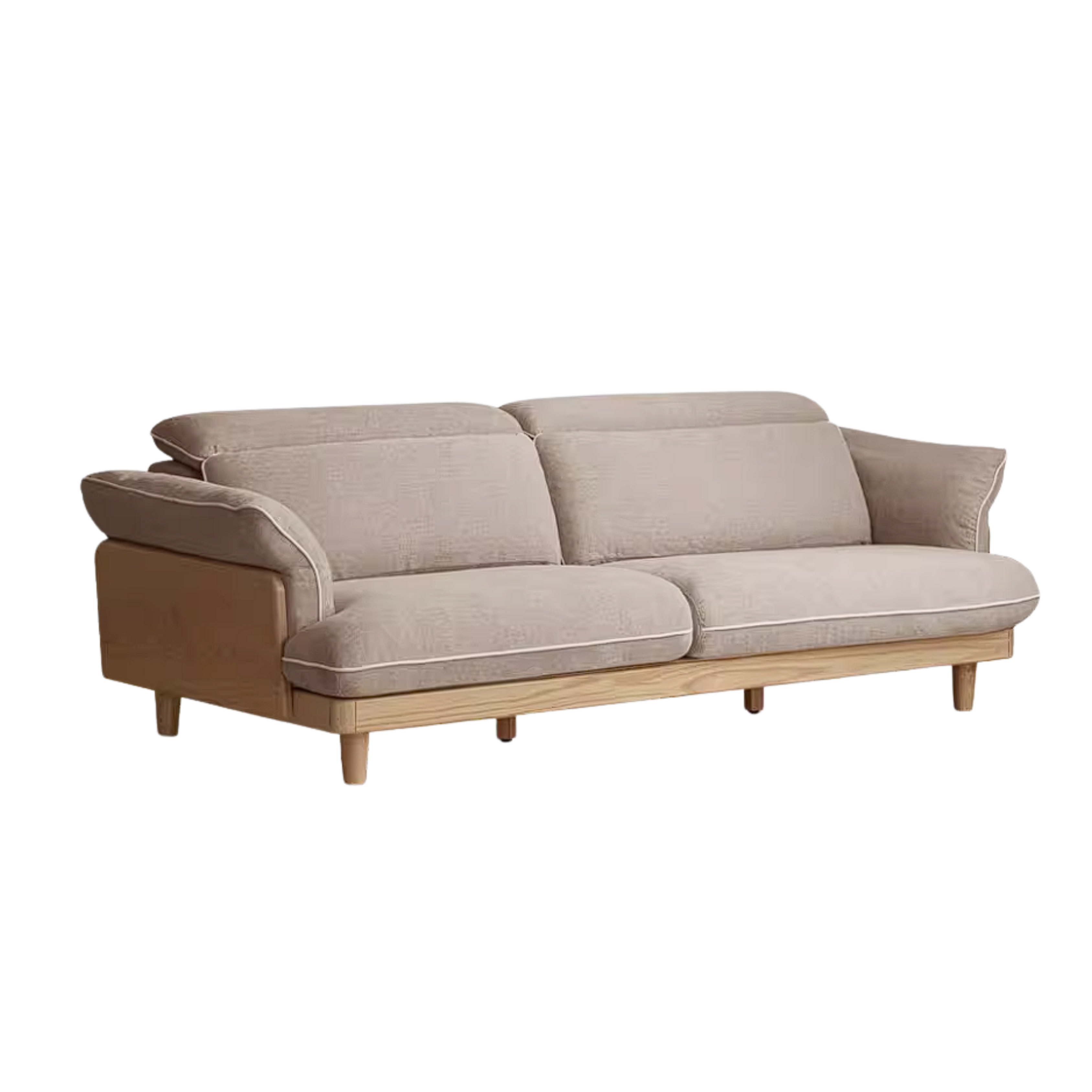 Oak Solid Wood High Back Chenille Sofa with Curved Arms