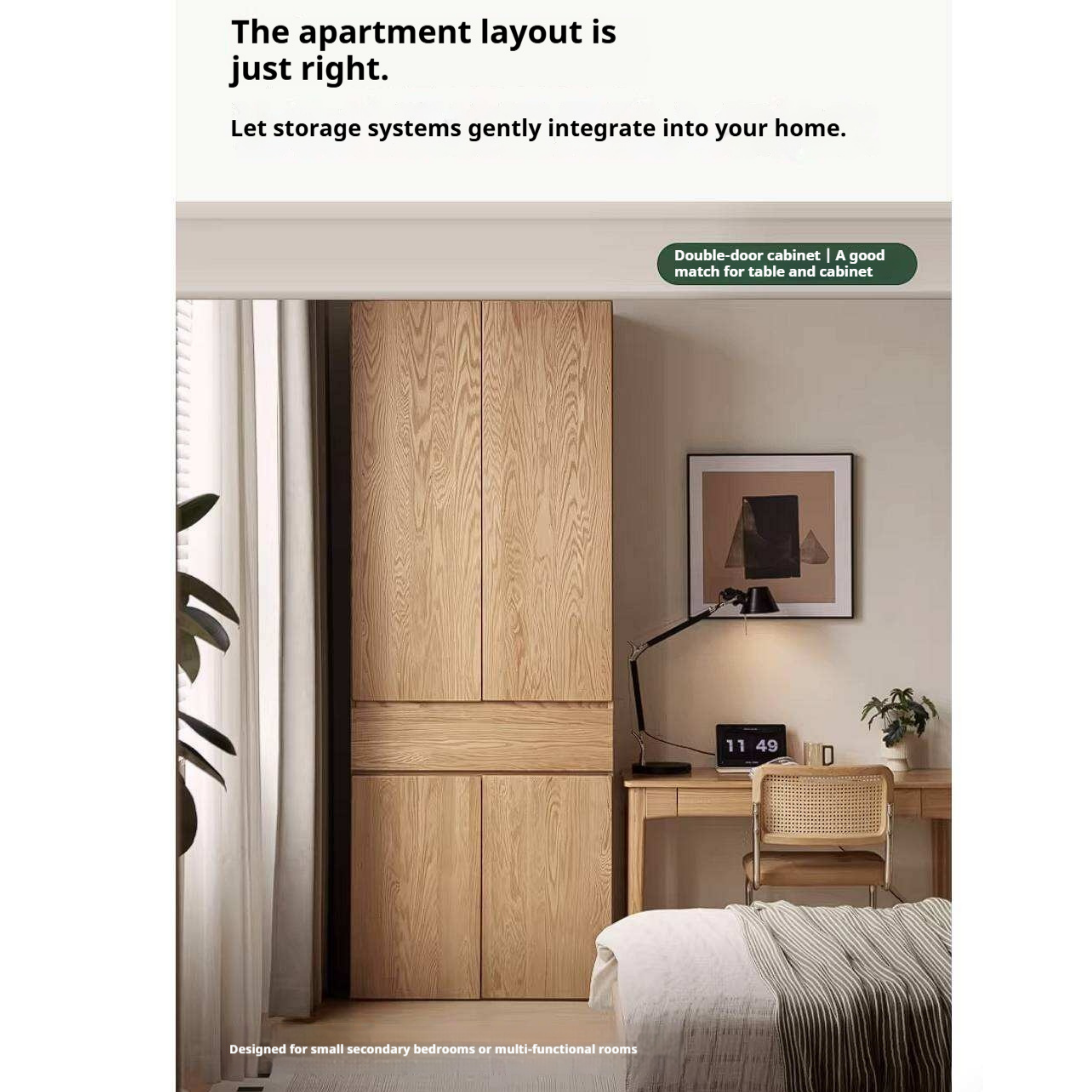 Oak Solid Wood Double Door Wardrobe with pull-out storage drawers Design