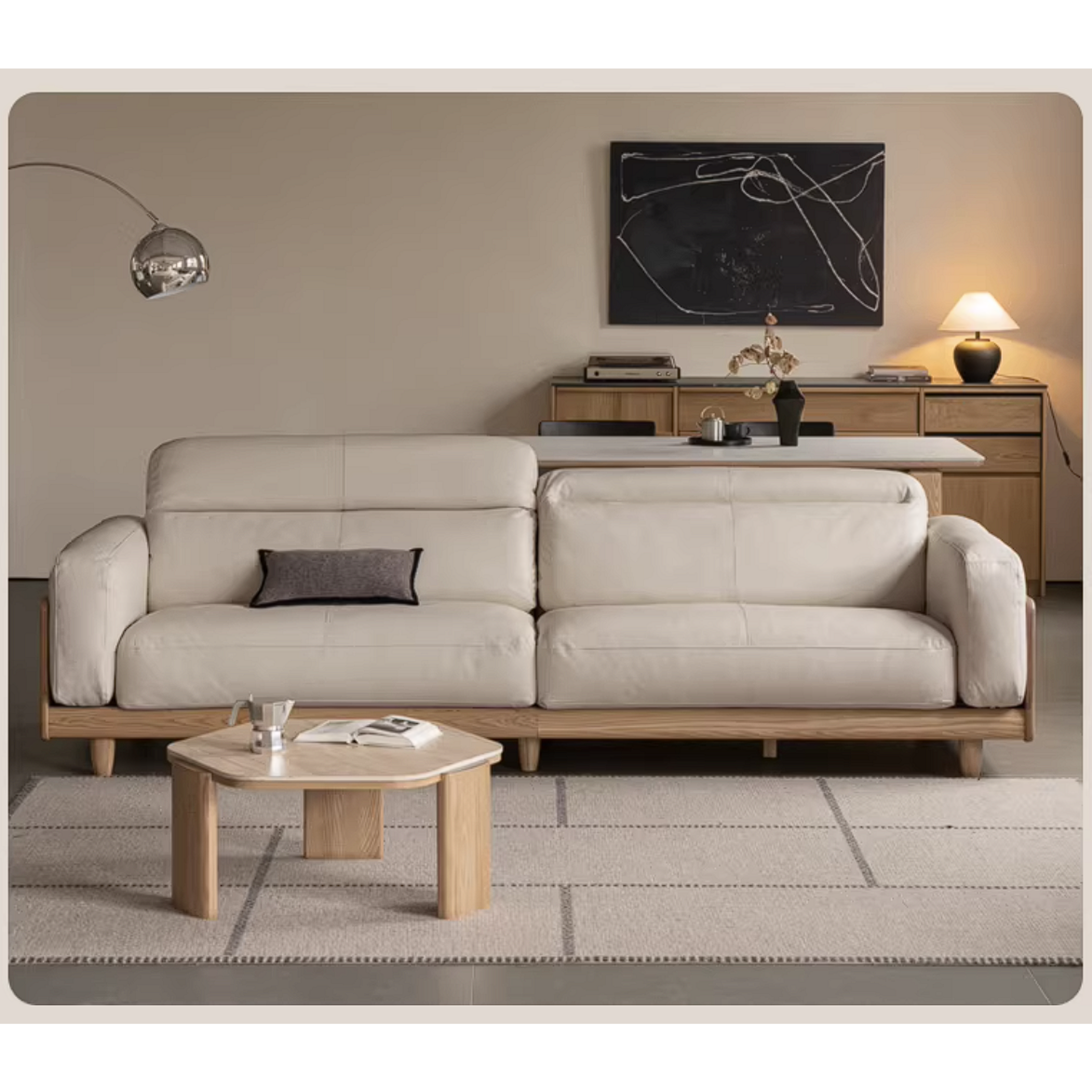 Ash Solid Wood Genuine leather Sofa with Solid Wood Frame and Adjustable Headrest
