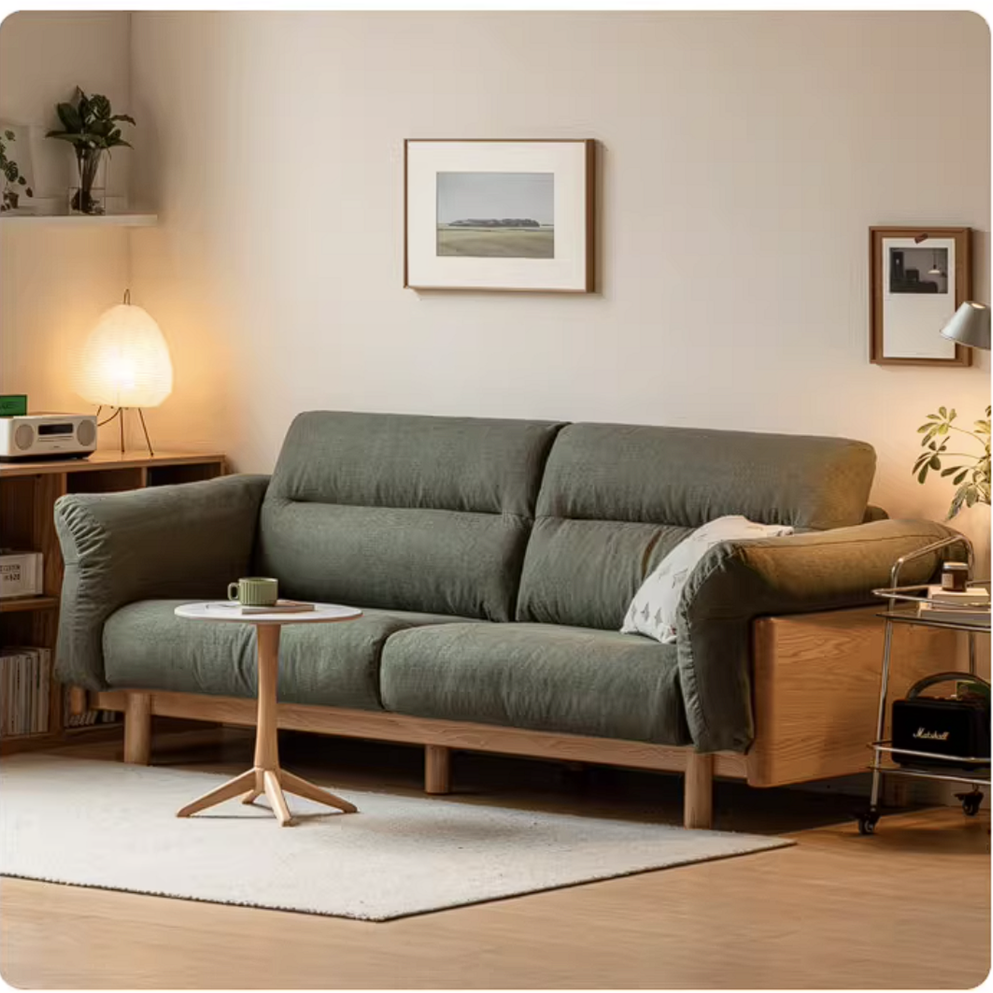 Oak Solid Wood Sofa with Wide Track Arms Genuine leather, fabric, removable and washable