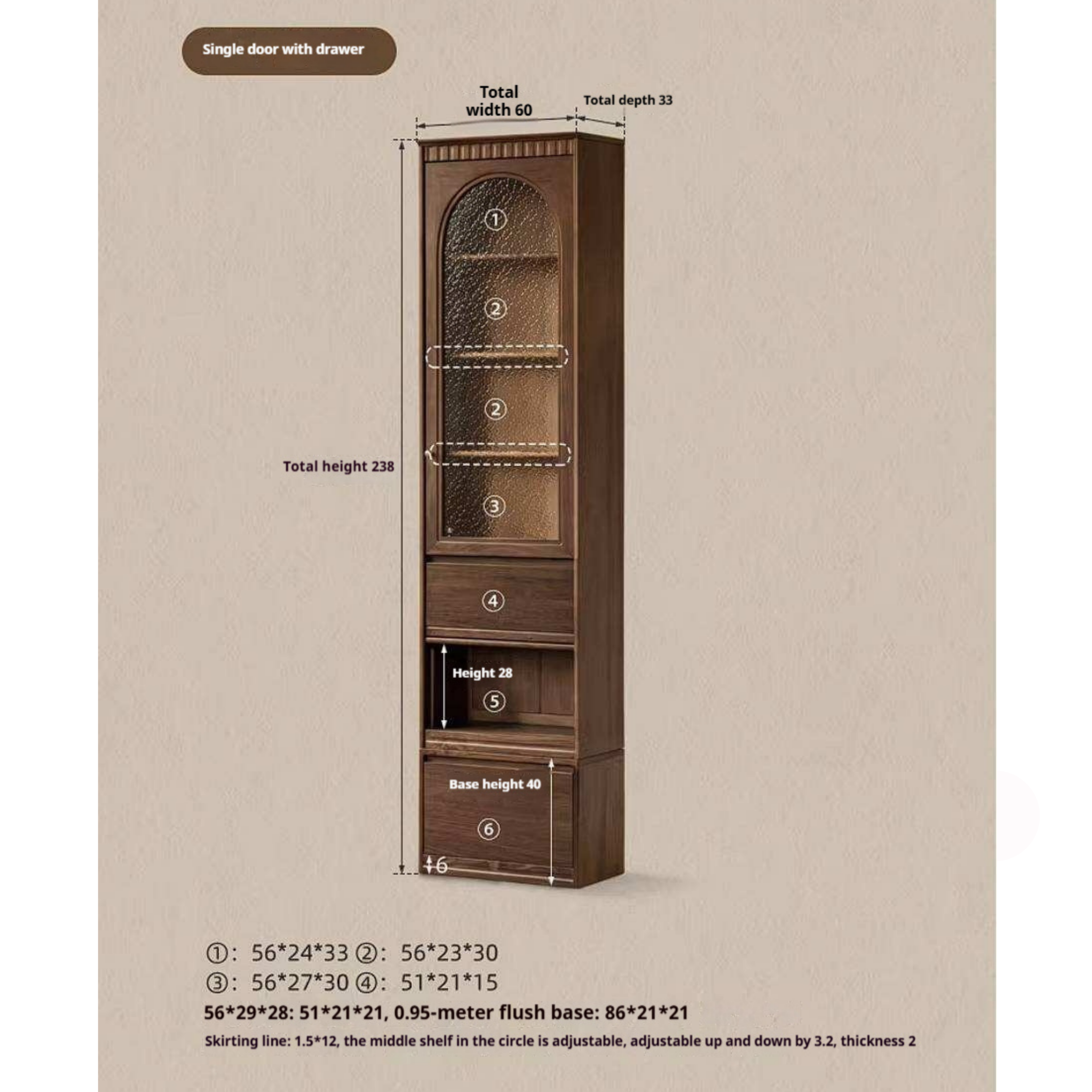 Black Walnut Solid Wood Arched Vintage Bookcase with Glass Door and Storage Drawer