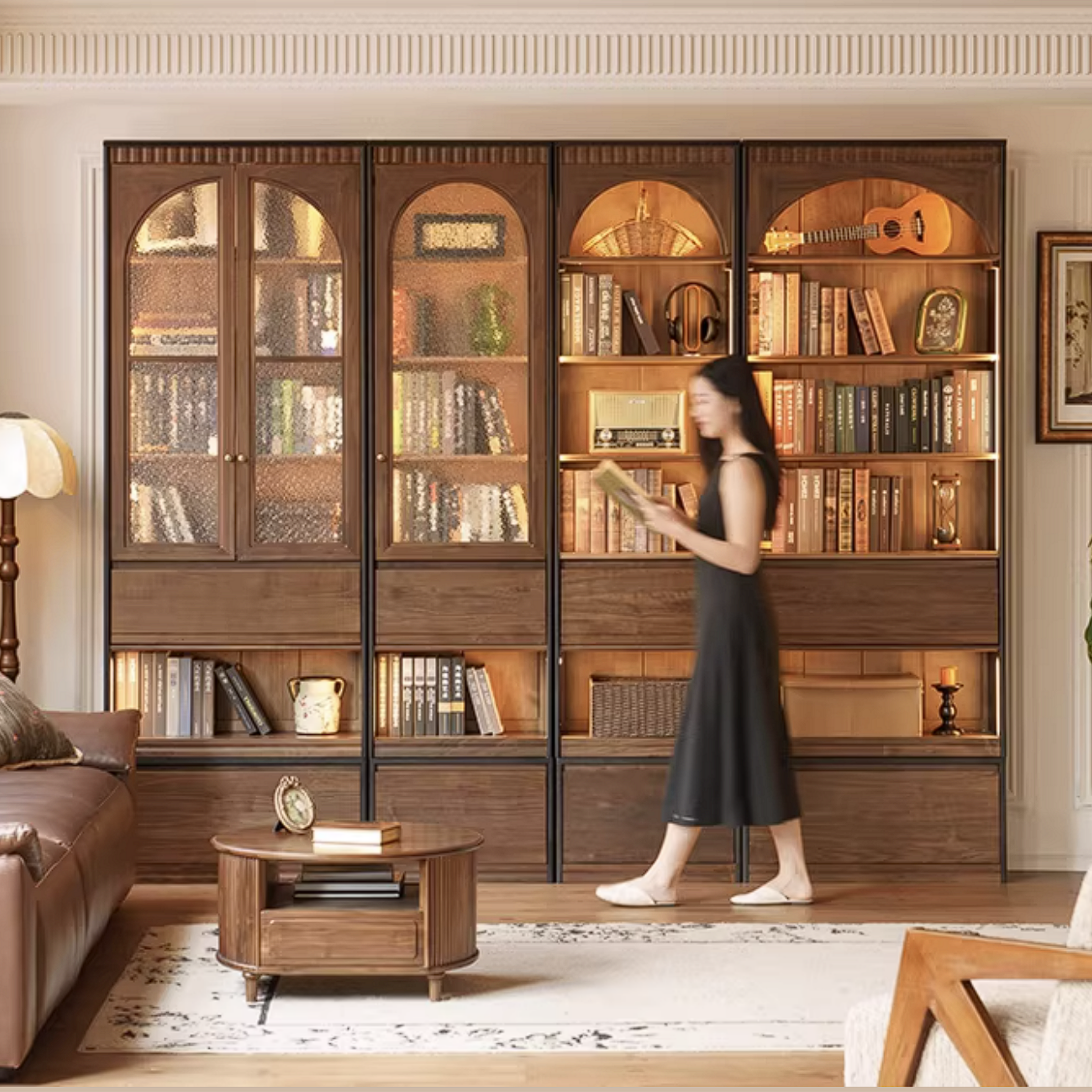 Black Walnut Solid Wood Bookcase with French Retro Display Cabinet