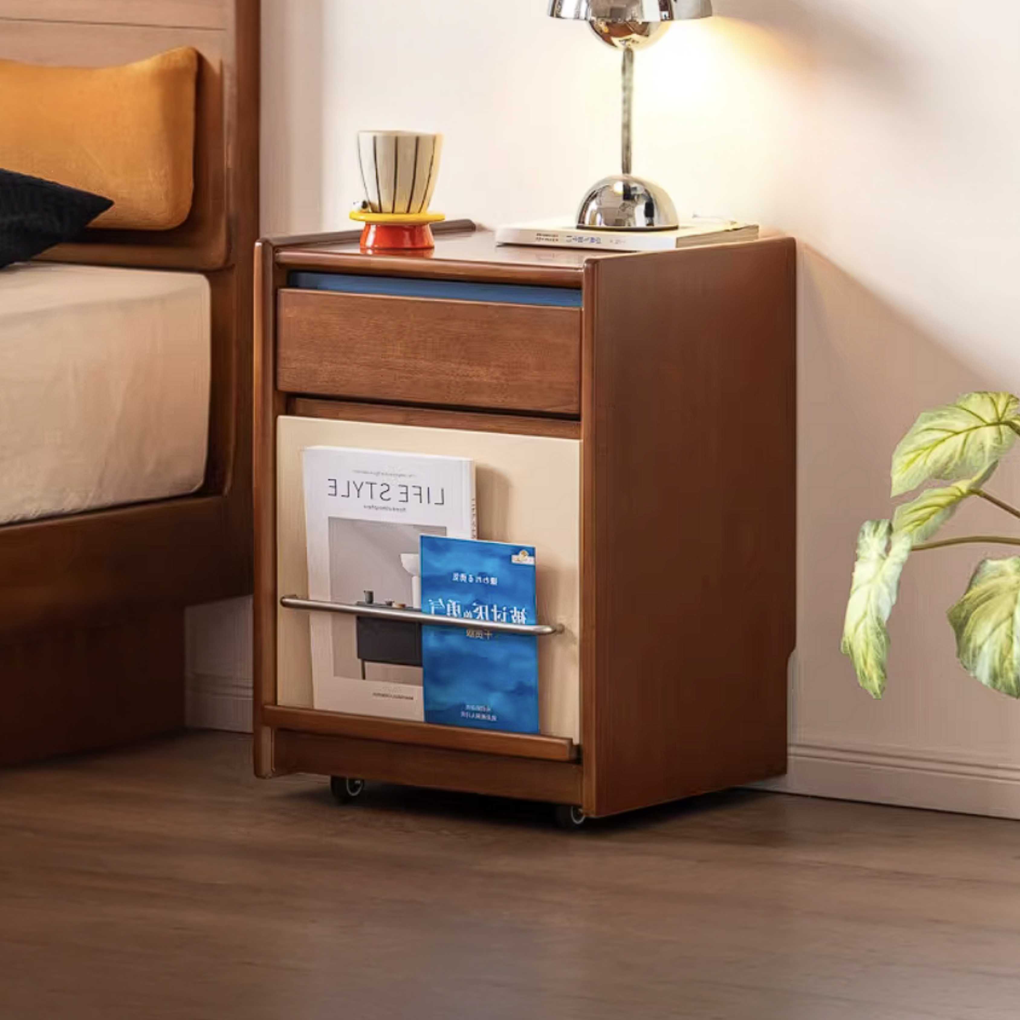 Poplar Solid Wood Two-Tone Rolling Nightstand with Magazine Rail