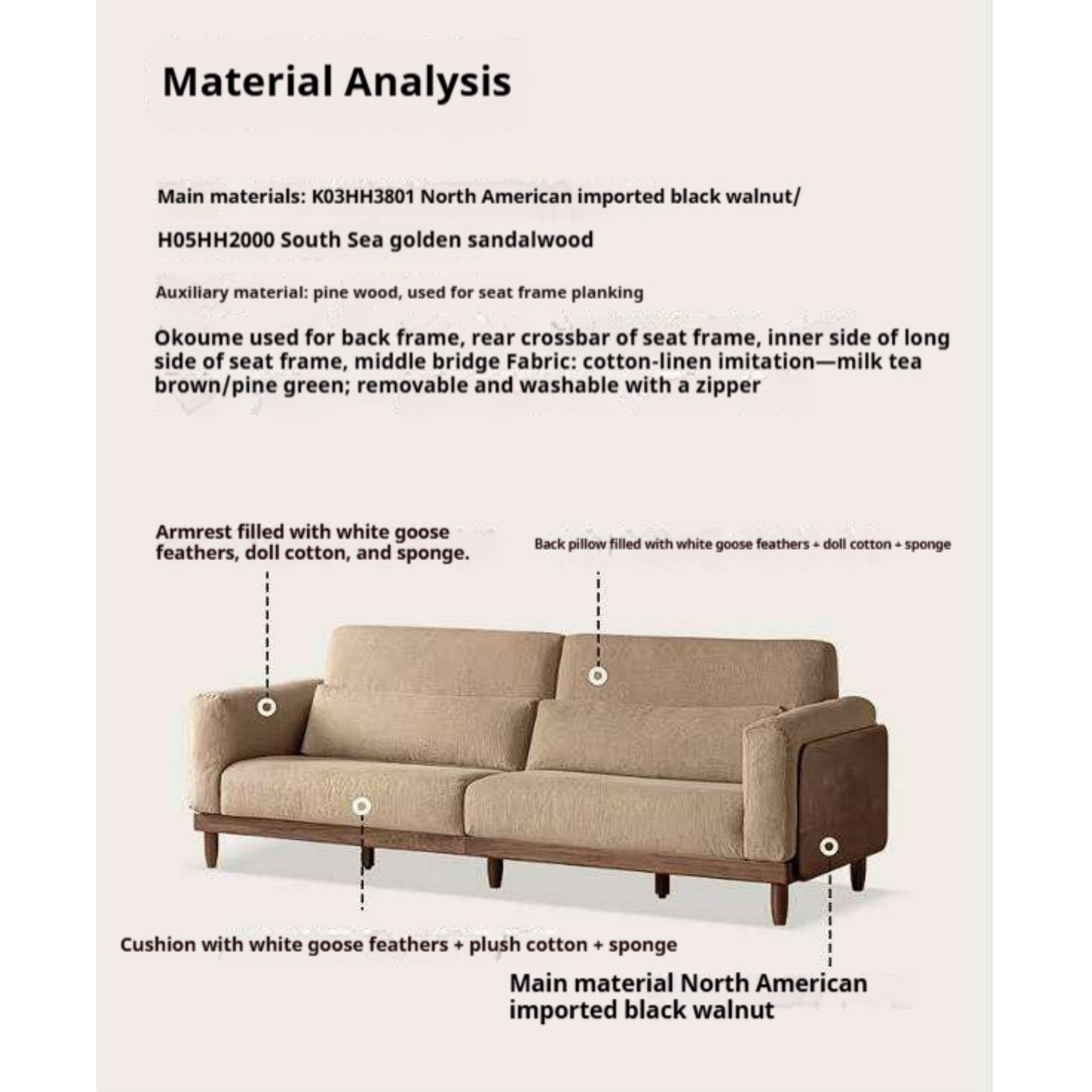 Black Walnut, Golden Sandalwood Solid Wood Sofa with Extra-Deep Seat