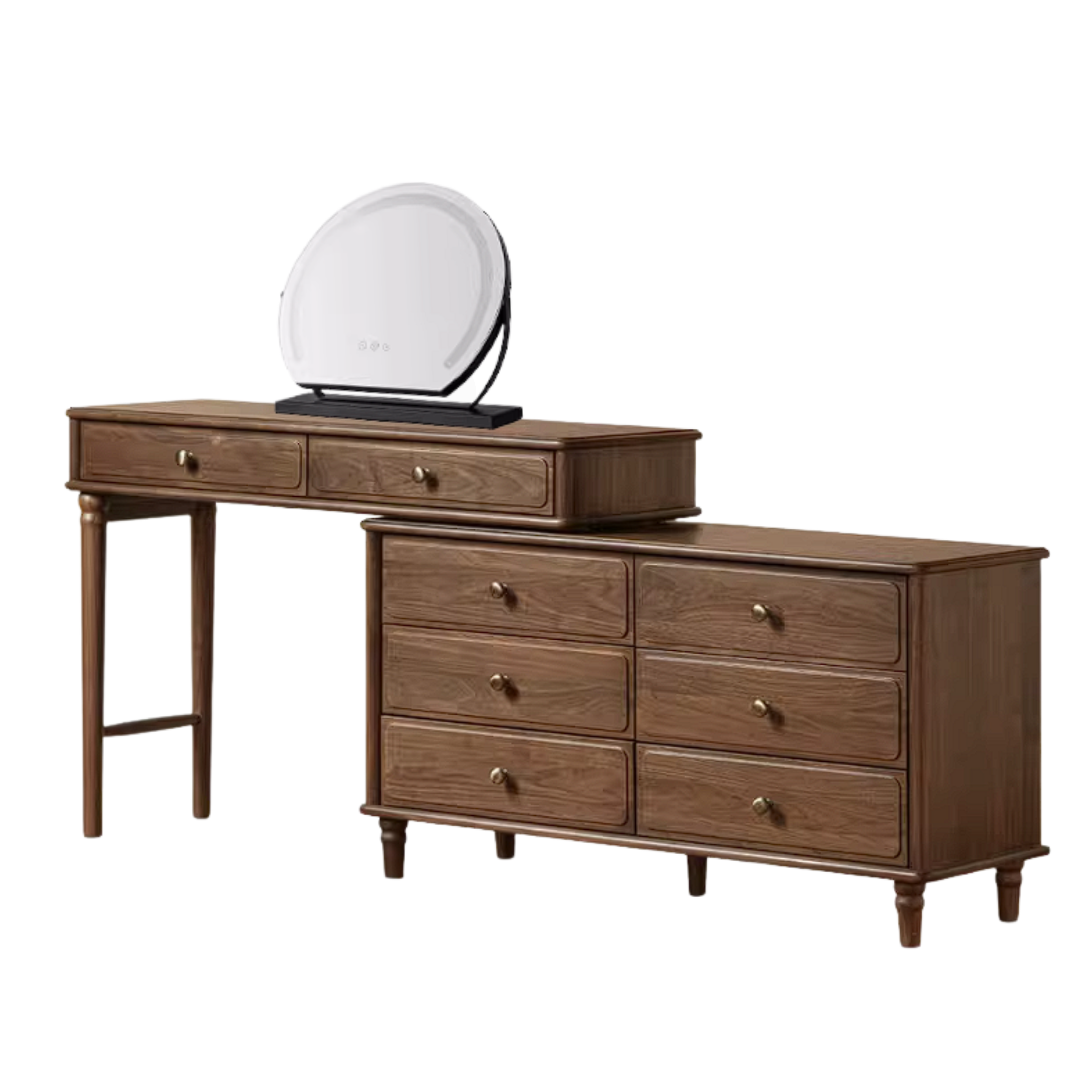 Black Walnut, Oak Solid Wood Extendable Vanity Desk and 6-Drawer Dresser Combo