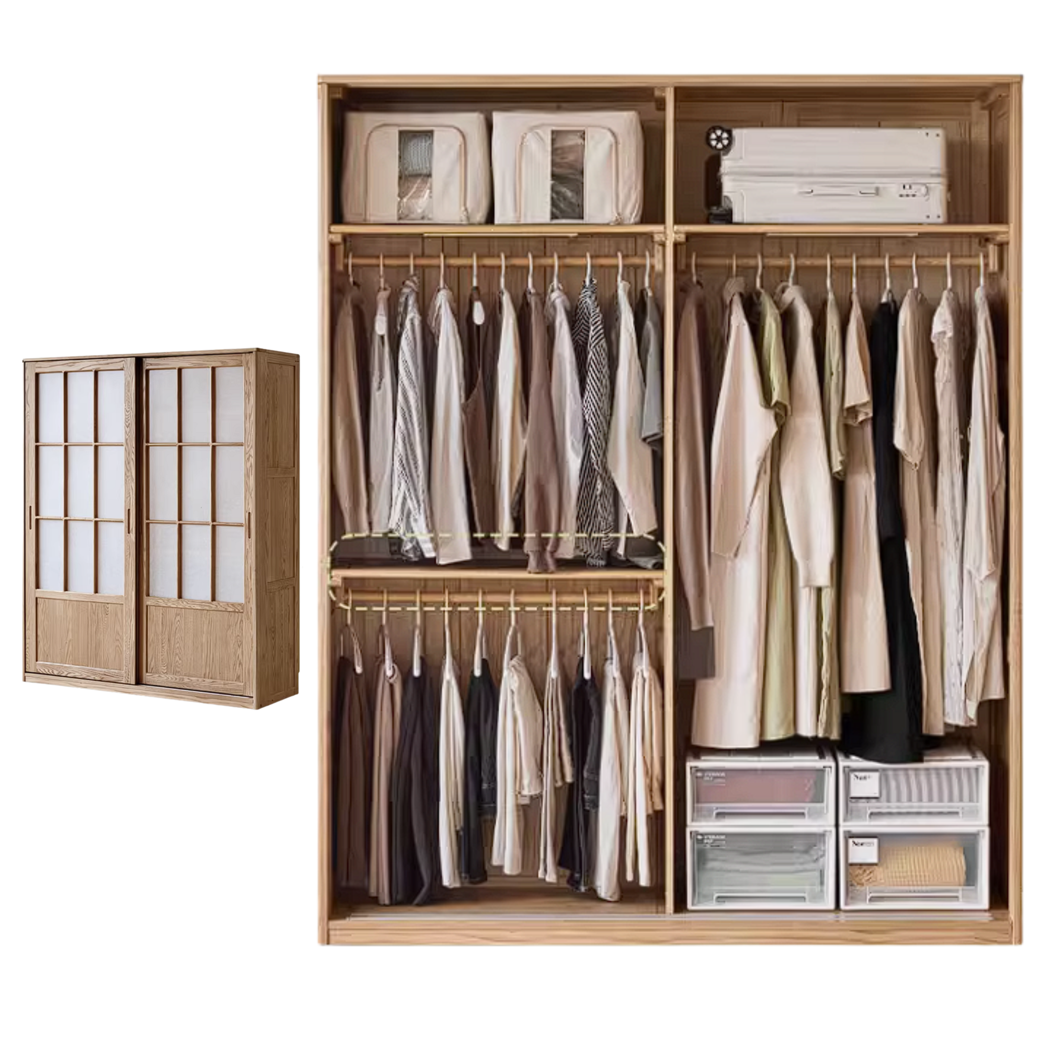Oak Solid Wood Wardrobe Cabinet with Minimalist Songshi Storage