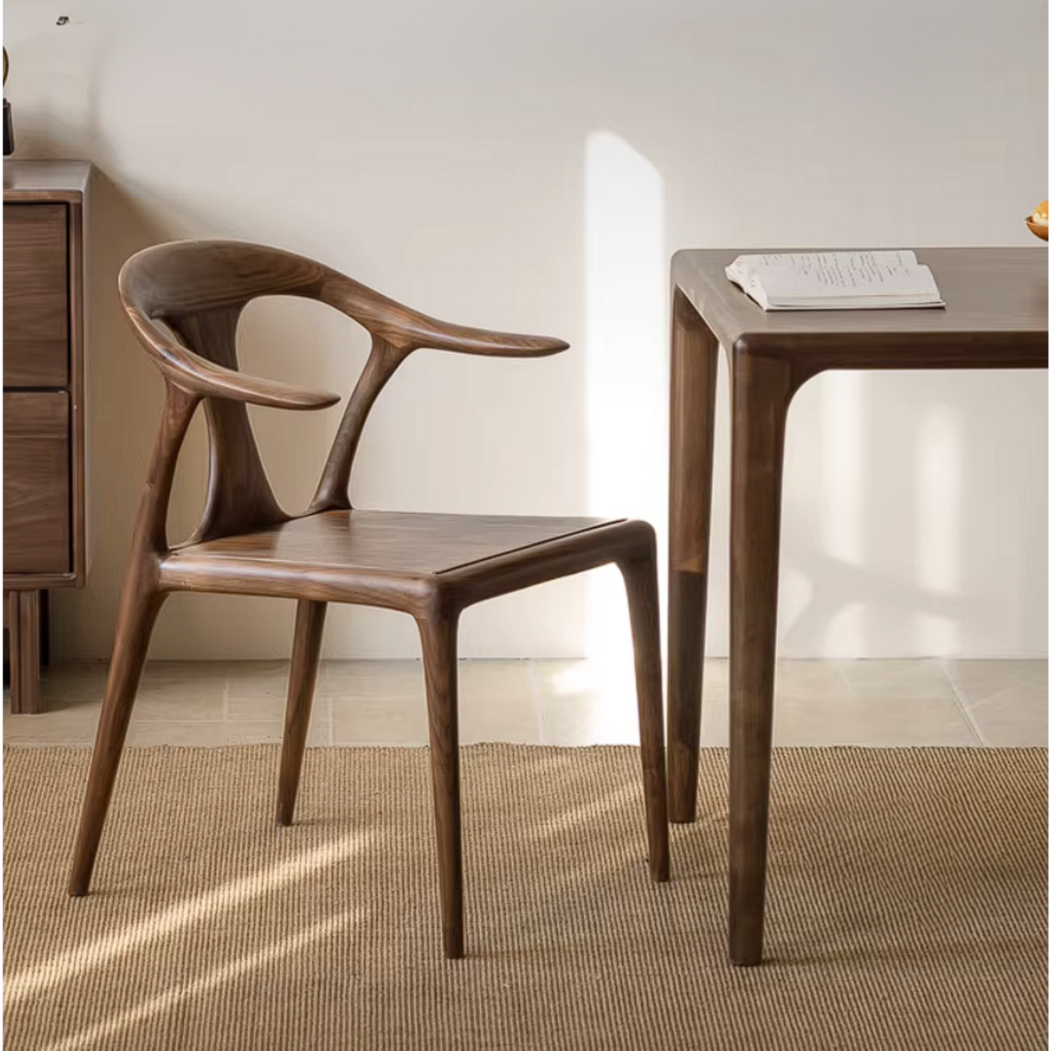 Black Walnut Solid Wood Ox Horn Dining Chair with Carved Curved Armrests