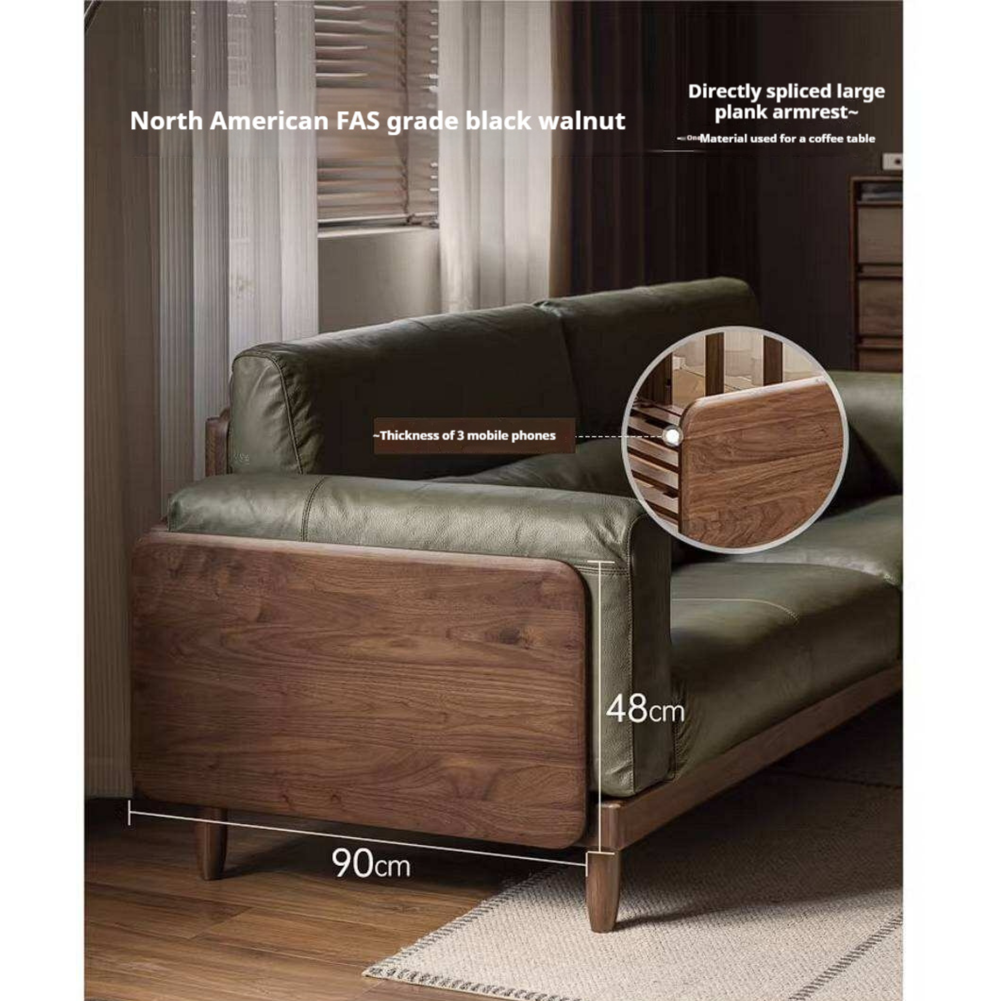 Black Walnut, Golden Sandalwood Solid Wood Sofa Genuine leather, fabric