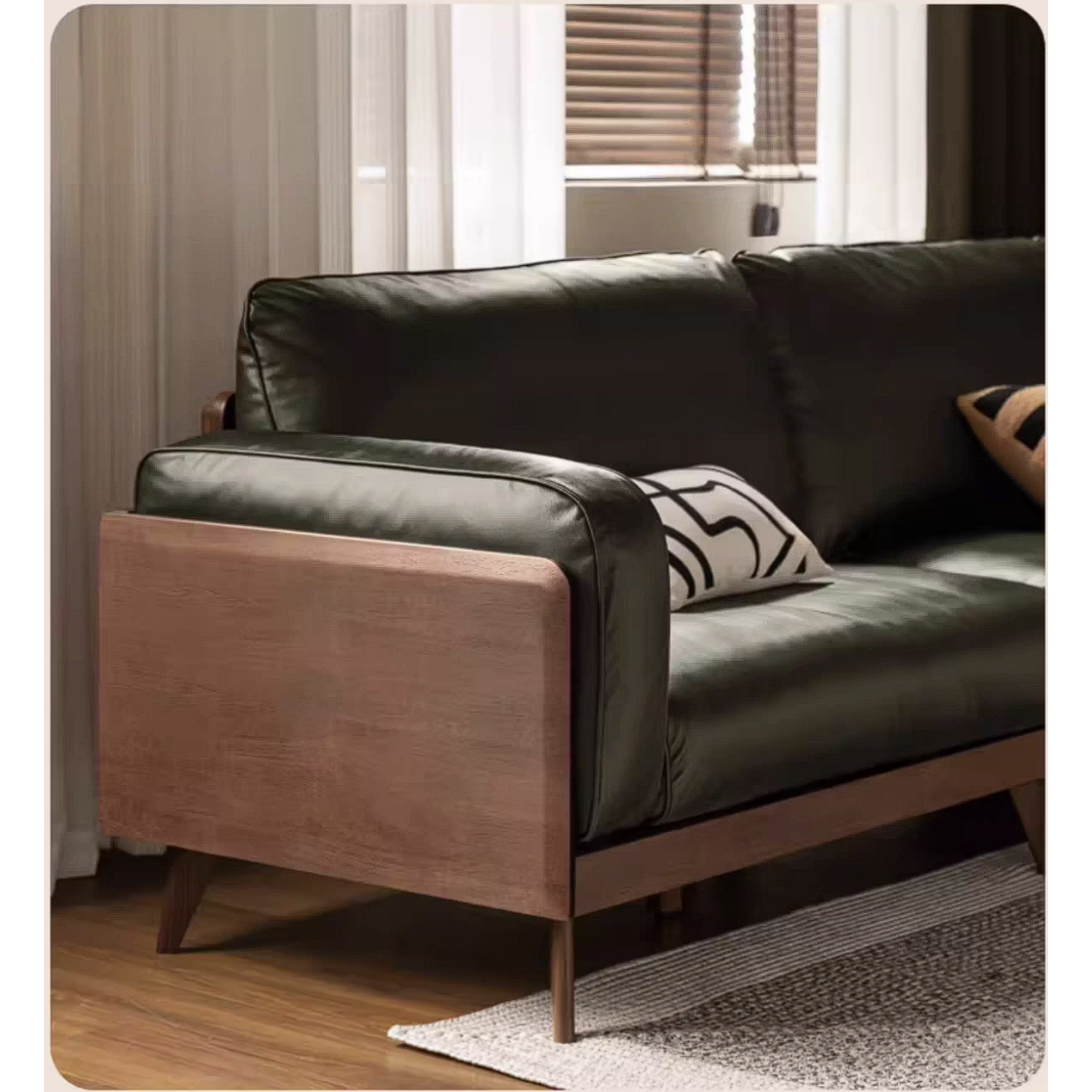 Rubberwood Solid Wood Genuine leather Sofa with Deep Seats and Slim Walnut Frame