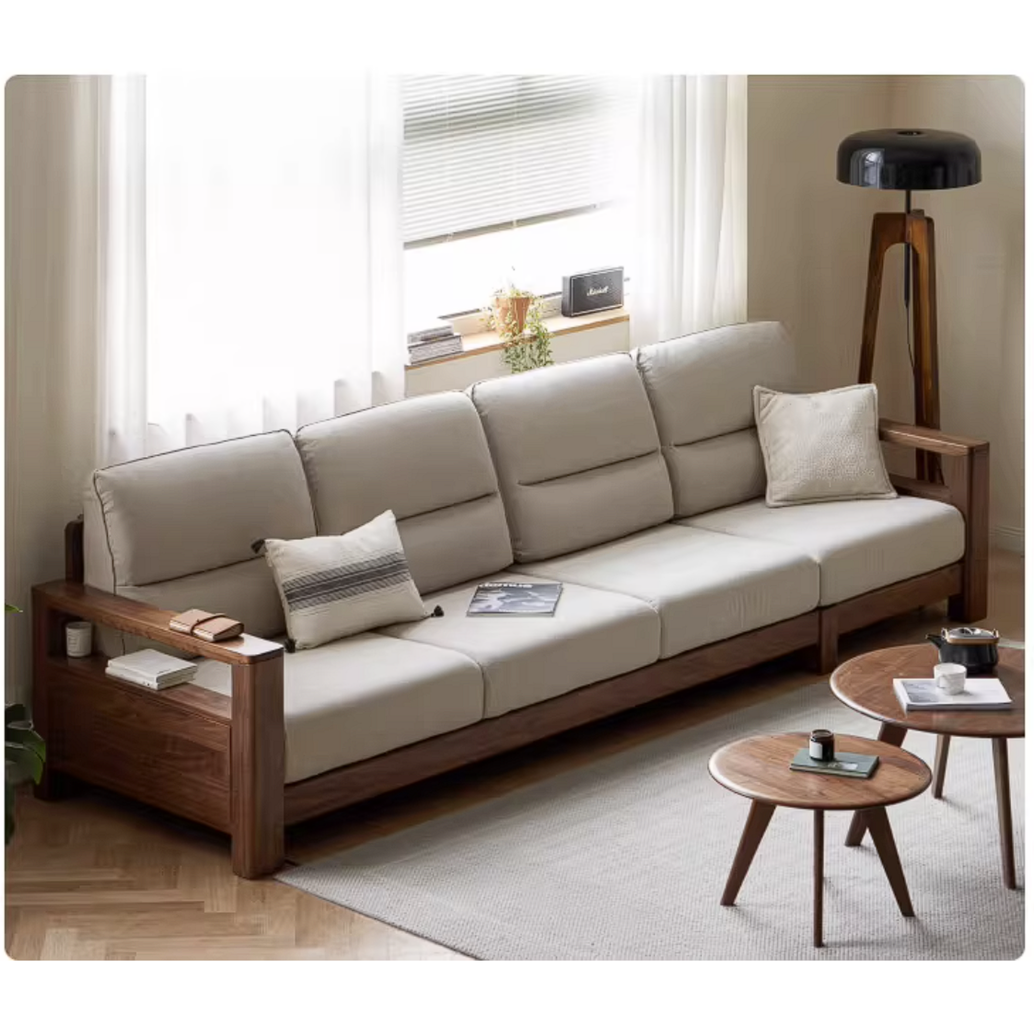 Black Walnut, Ash, Golden Sandalwood Solid Wood Corner Sofa with Fabric Upholstery