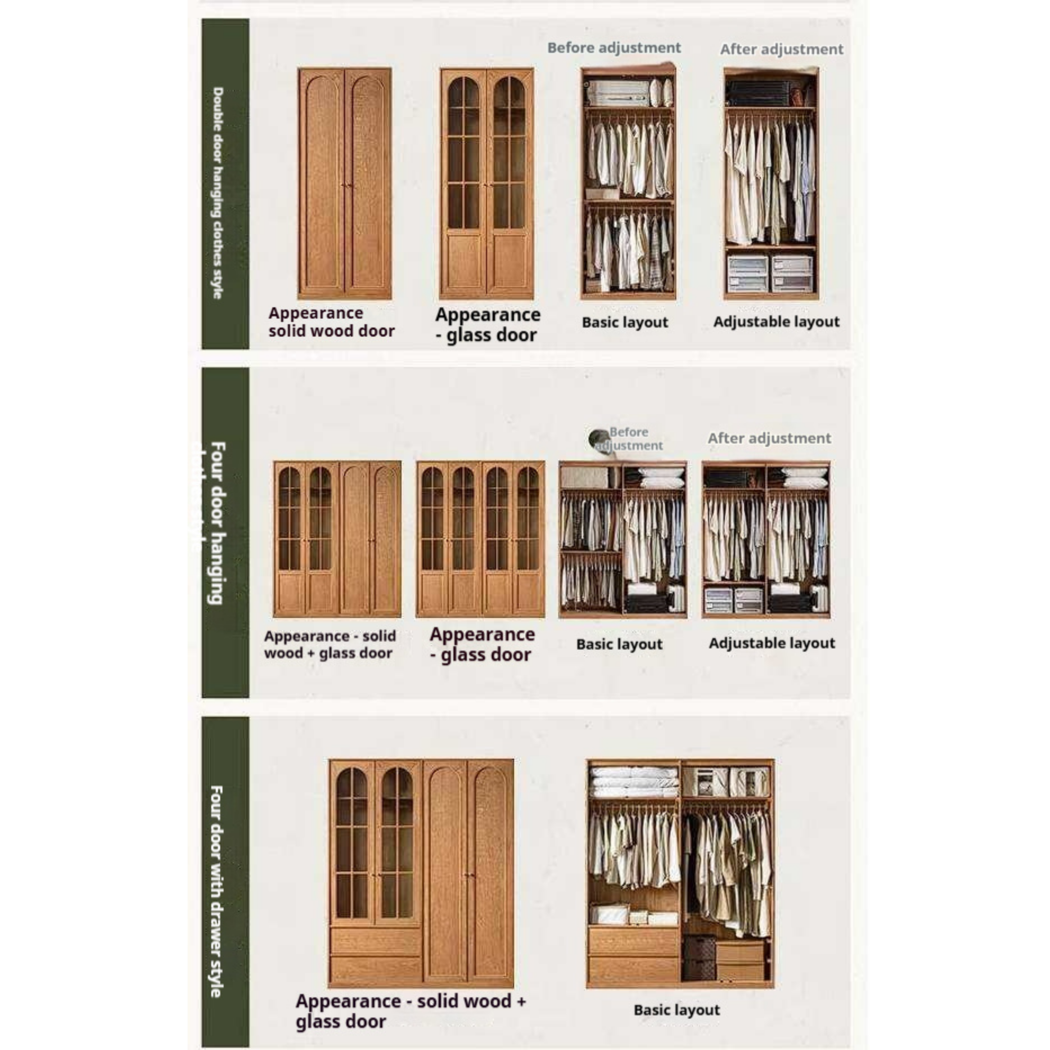 Cherry Solid Wood Wardrobe with French Retro Style Double Door Design