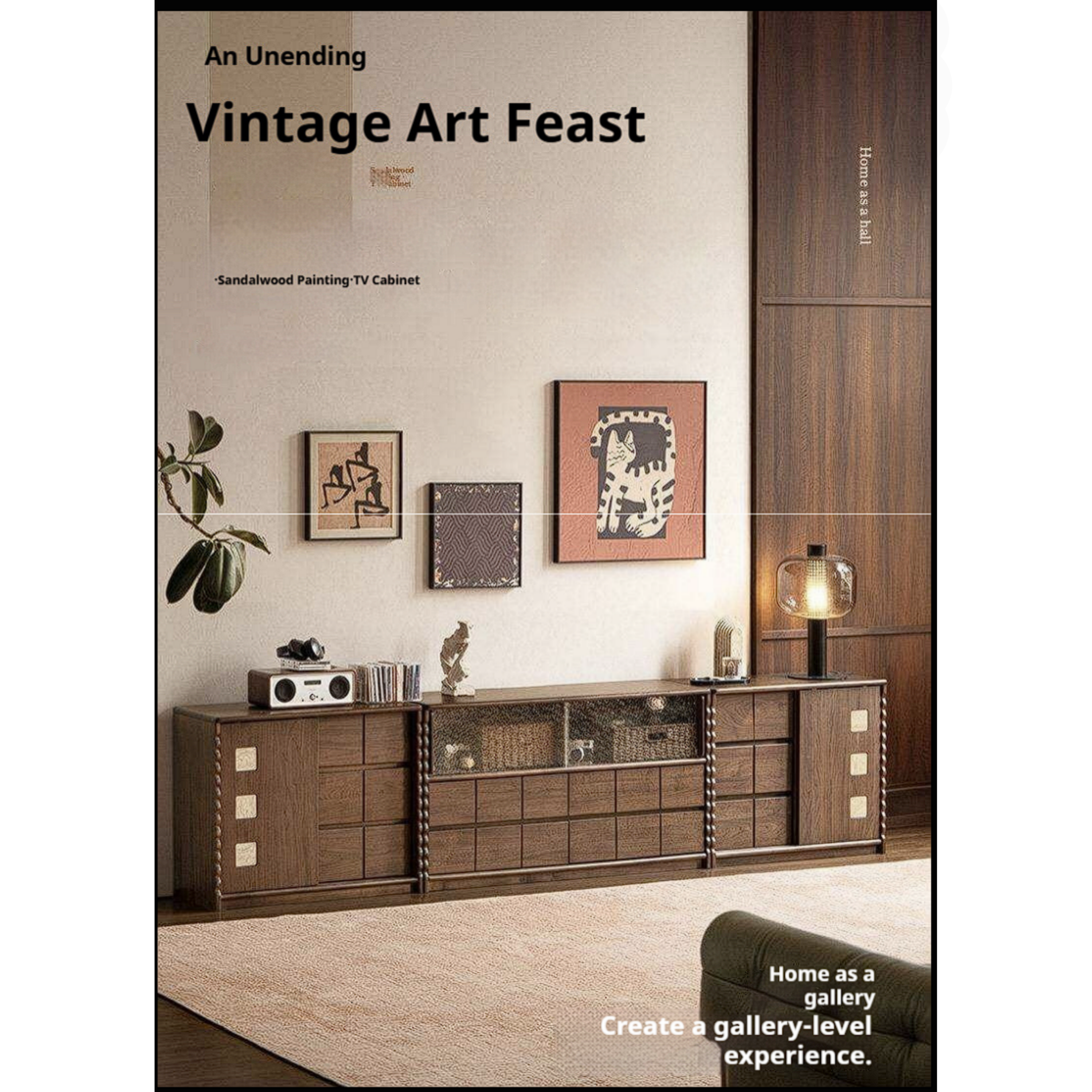 Black Walnut Solid Wood Tall TV Cabinet Modular Sideboard, Mid Century Gallery Style Storage Cabinet with Fluted Details