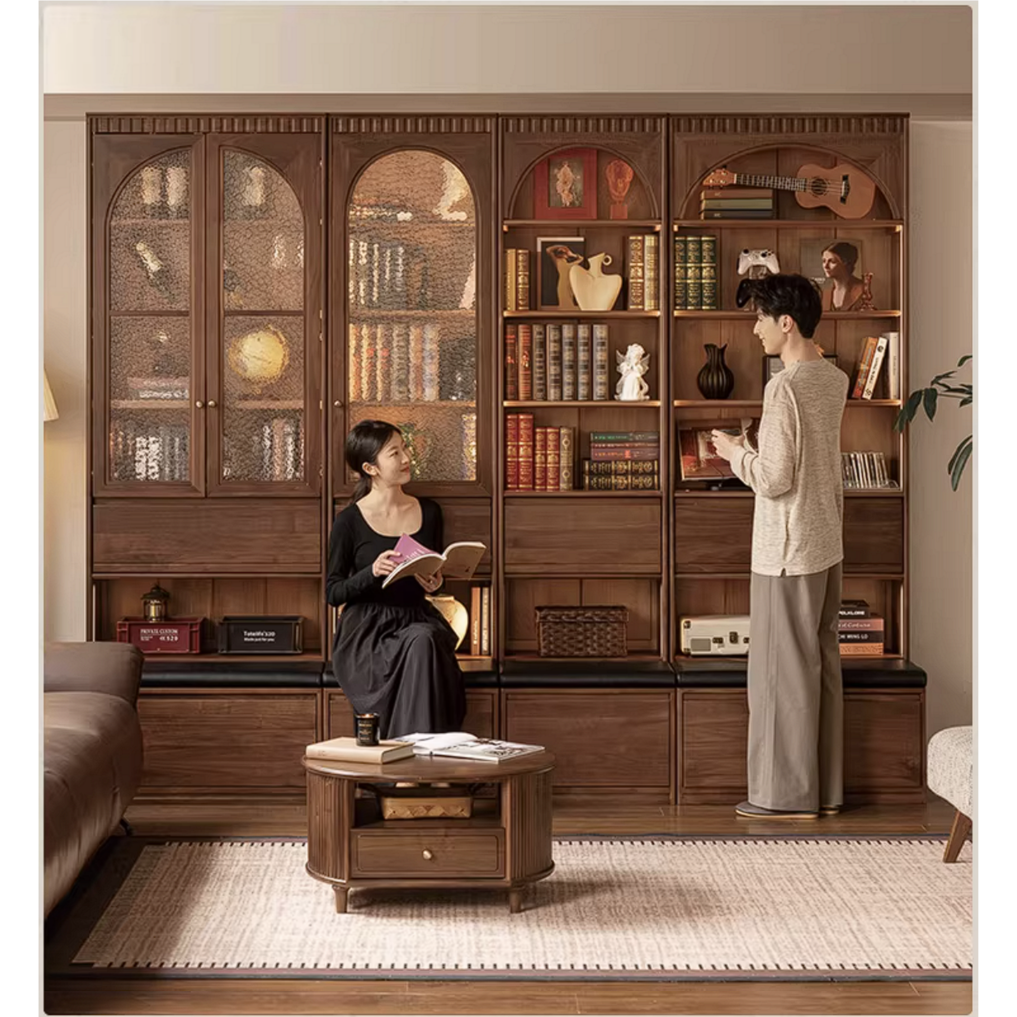Black Walnut Solid Wood Bookcase with Booth Seating and Display Cabinet