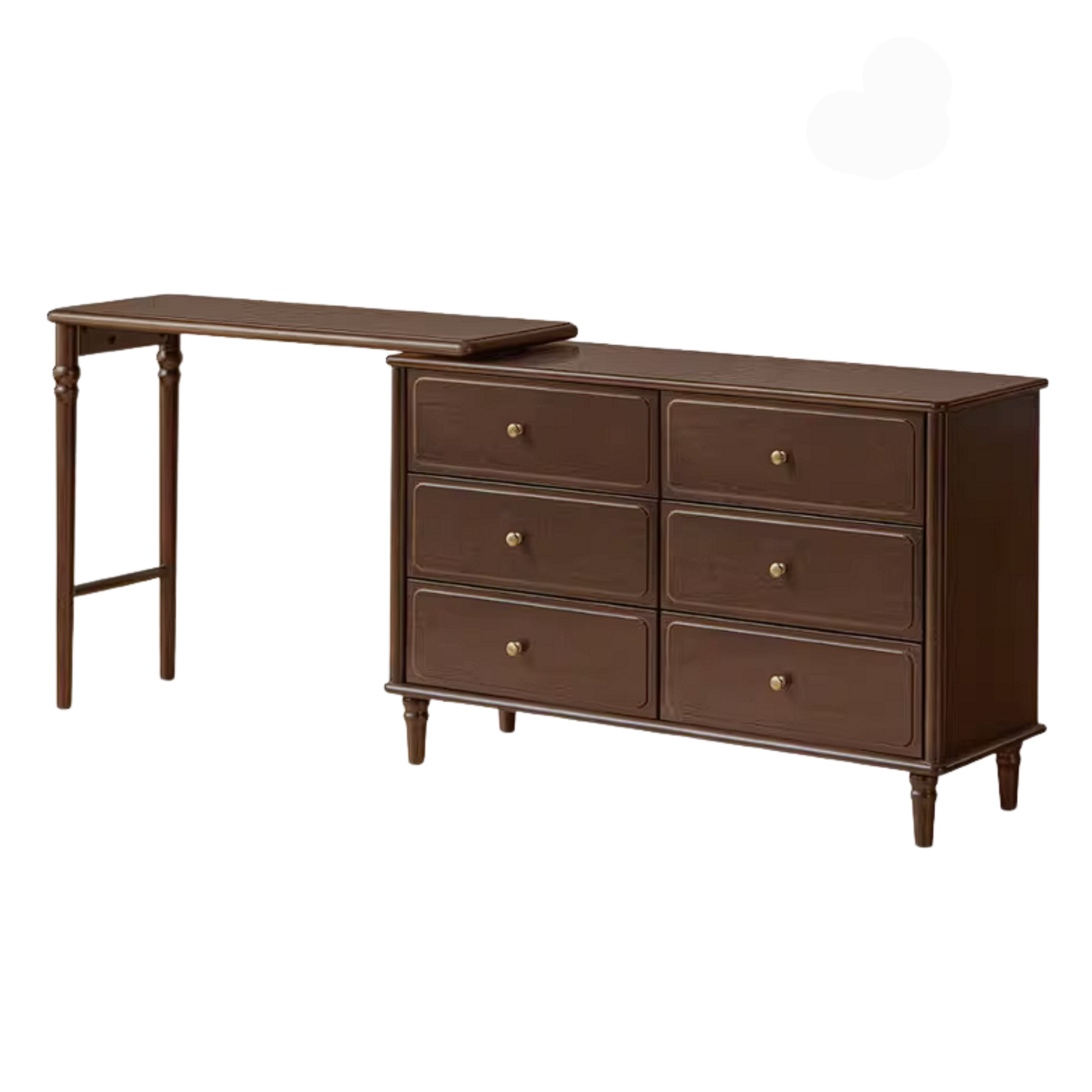 Poplar Solid Wood Vintage Extendable Vanity Desk with Round Mirror and Turned Legs