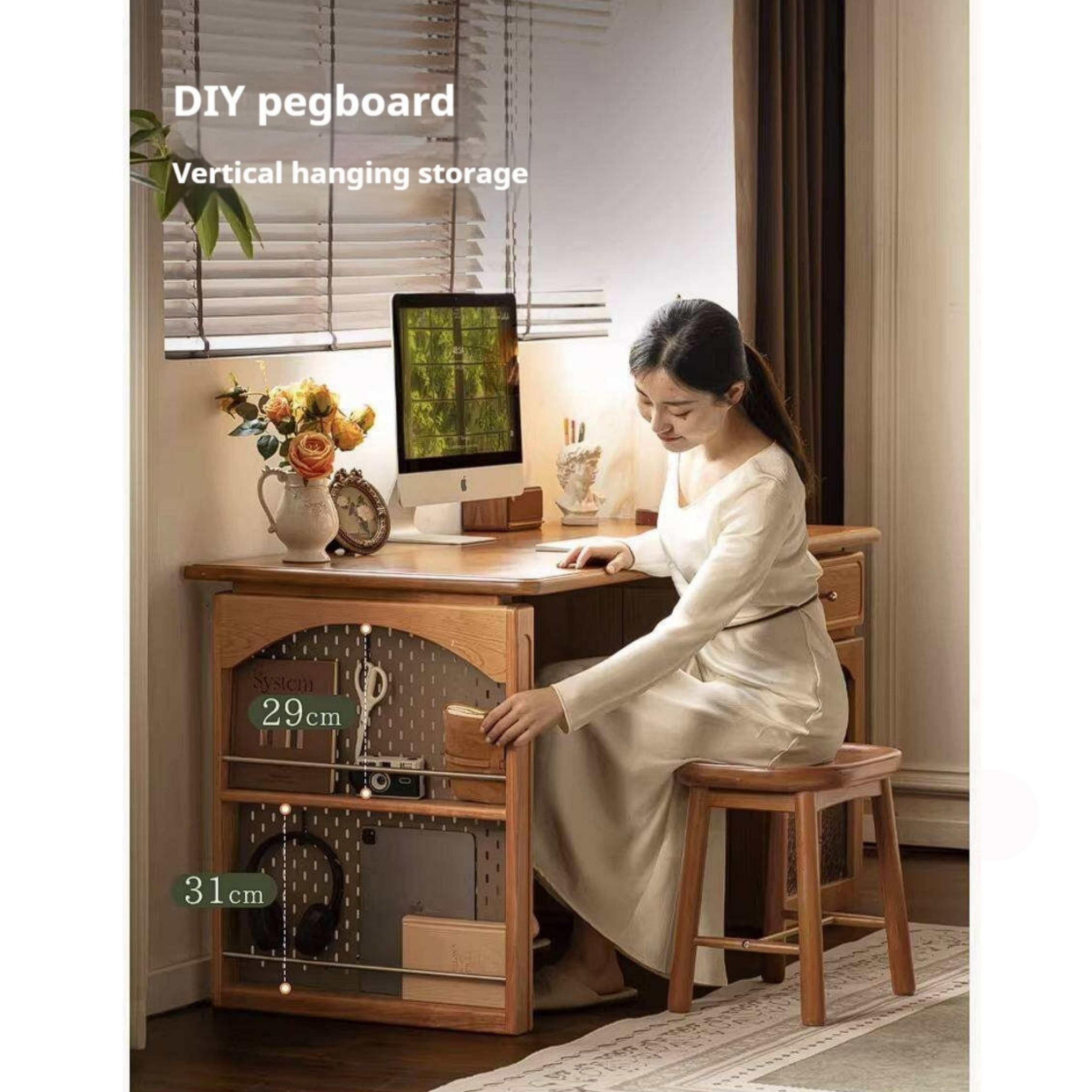 Cherry Solid Wood French Country Writing Desk with Bookshelf Hutch and Cane Door Cabinet