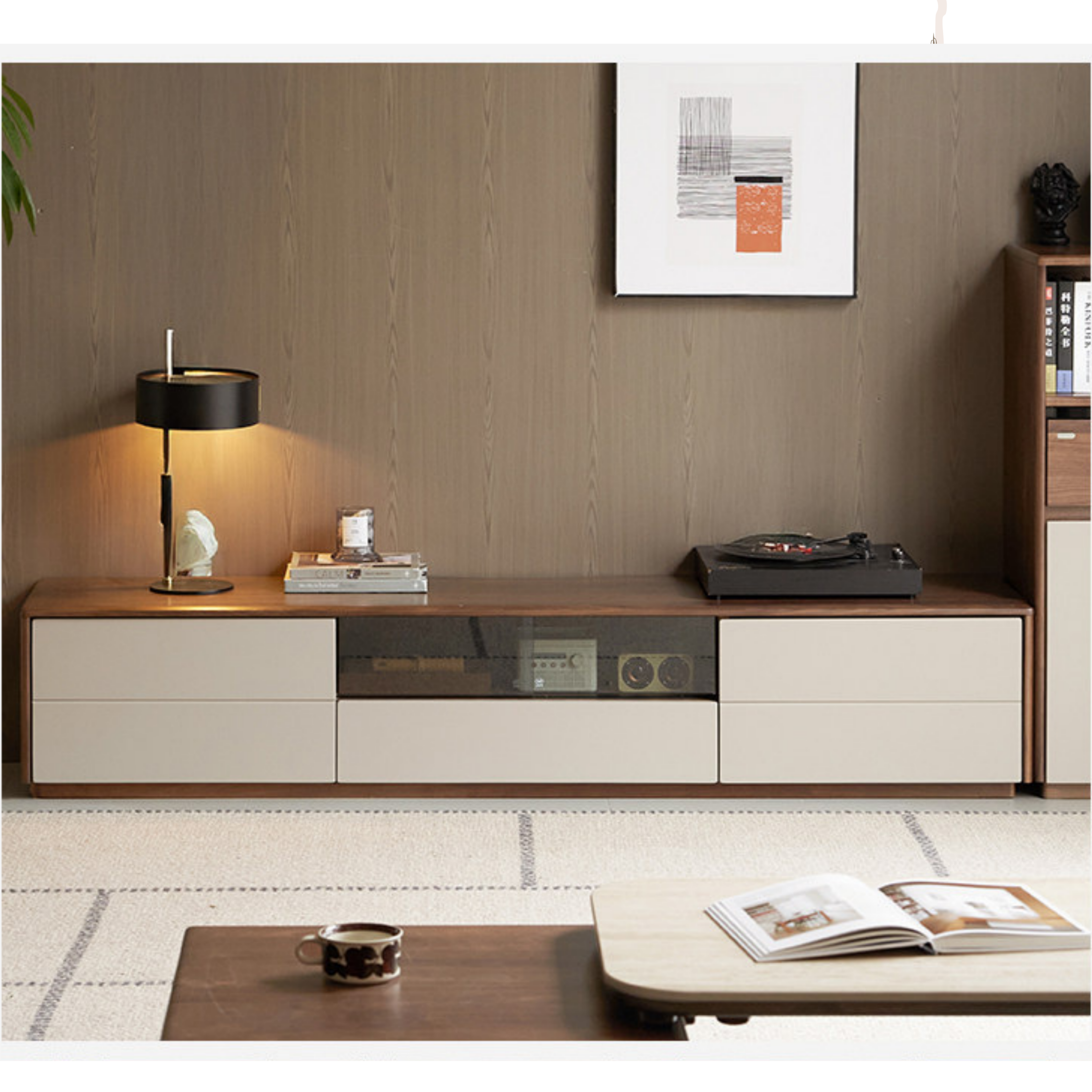 Black Walnut Solid Wood Low Profile TV Stand, Italian Modern Color Block Media Console with Storage