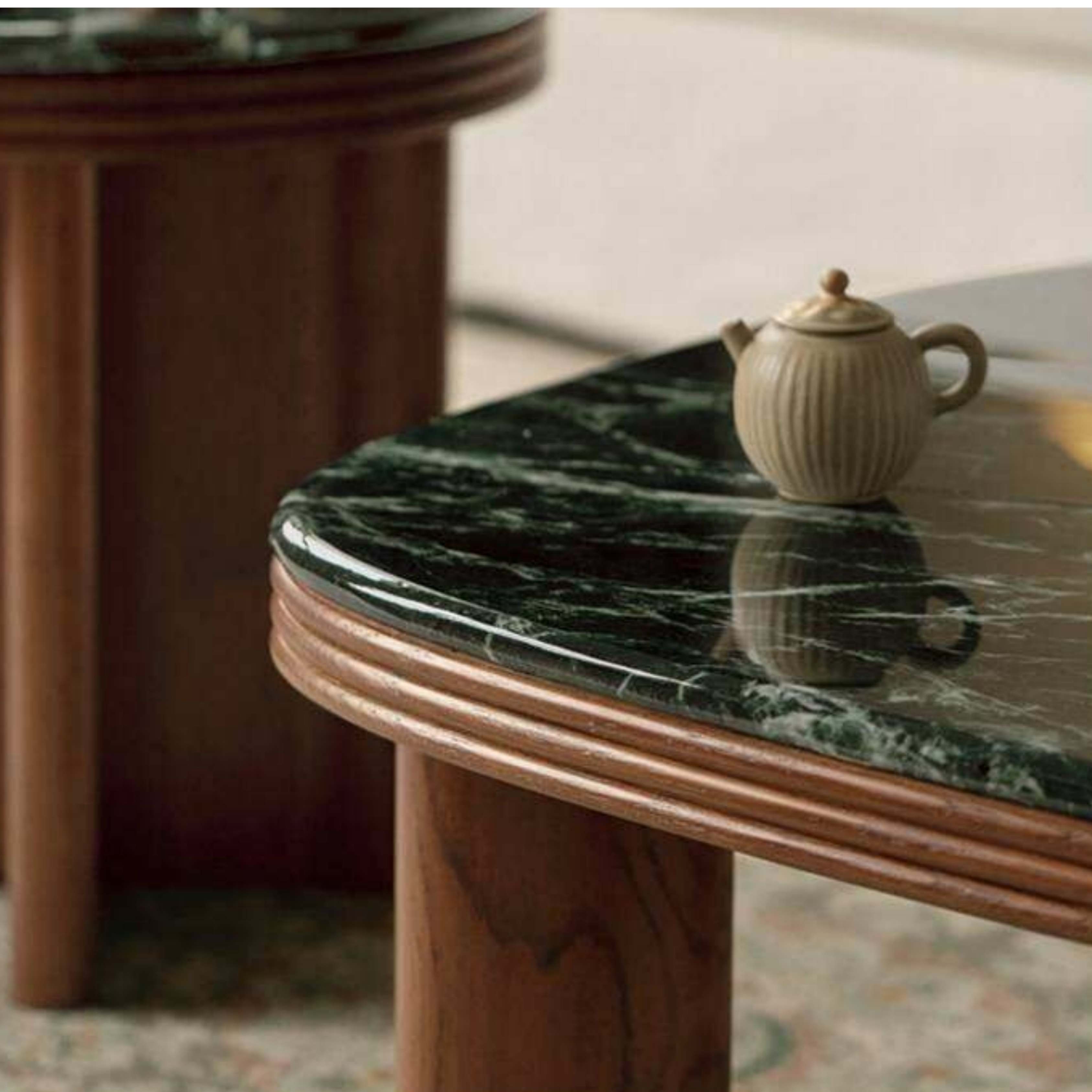 Oak Solid Wood Coffee Table with Green Marble Surface